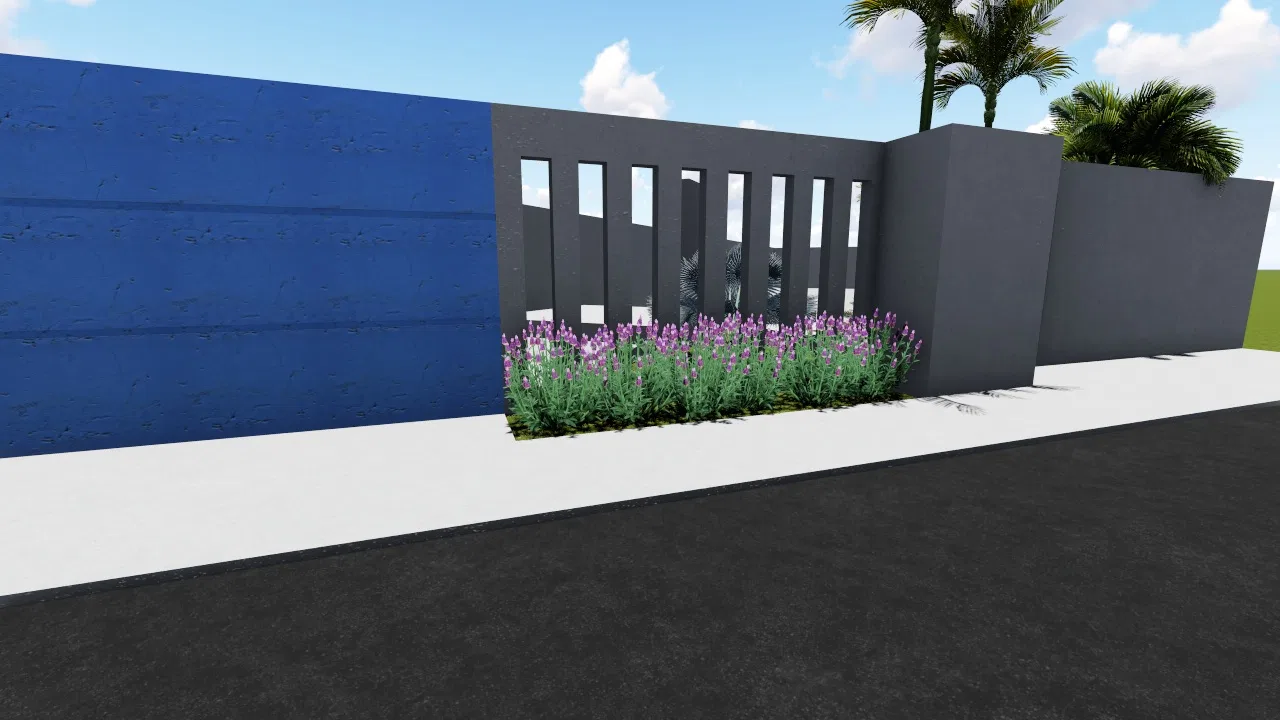 Street wall with a blue section and a dark gray perforated panel, a bed of flowering lavender at its base and palms rising behind