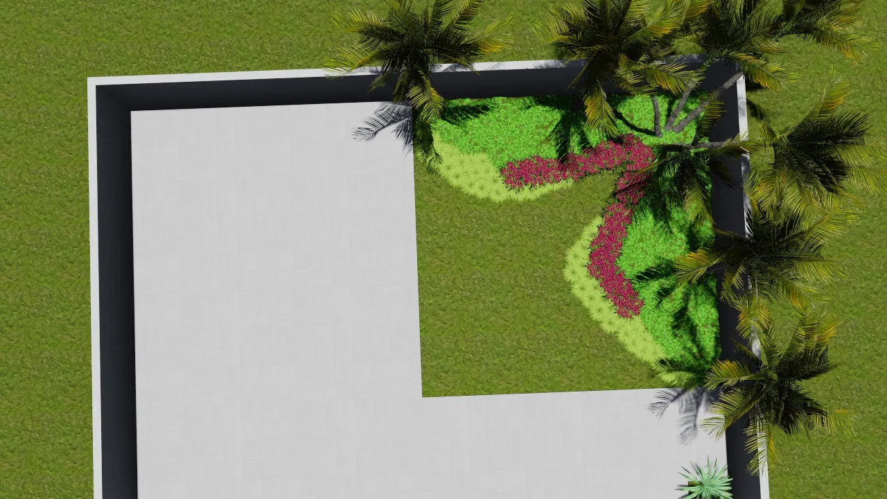 Top-down view of a light patio edged by a curving bed, with green shrubs, magenta bougainvillea and coconut palms at the corner