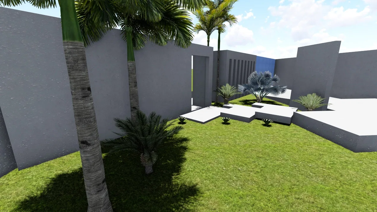 Side garden with tall coconut palms and a young palm on the lawn, angular stepping stones and, in the distance, the bluish palm beside the perforated-panel wall