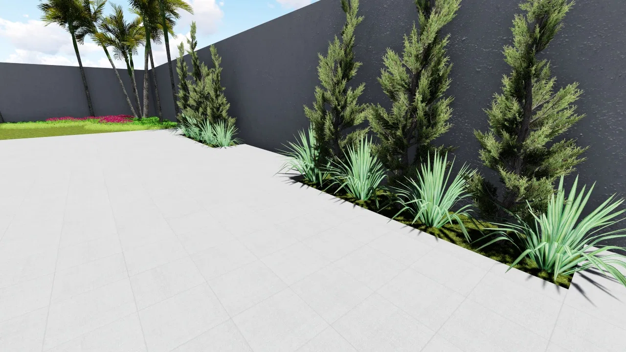 Raised bed along a dark textured wall, with columnar conifers and bluish clumping foliage, and palms and magenta bougainvillea in the background