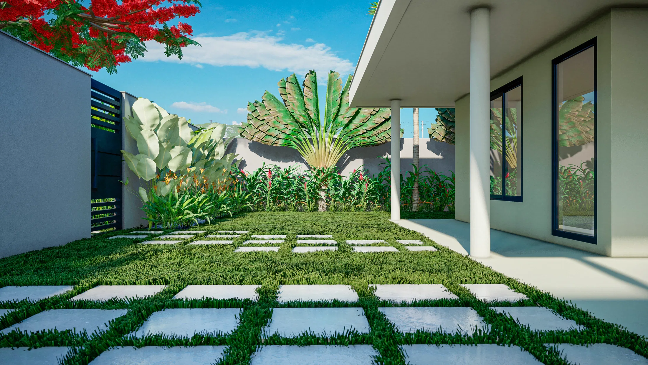 Side garden with concrete slabs set in lawn, a fan palm at the centre and the house's glass doors to the right