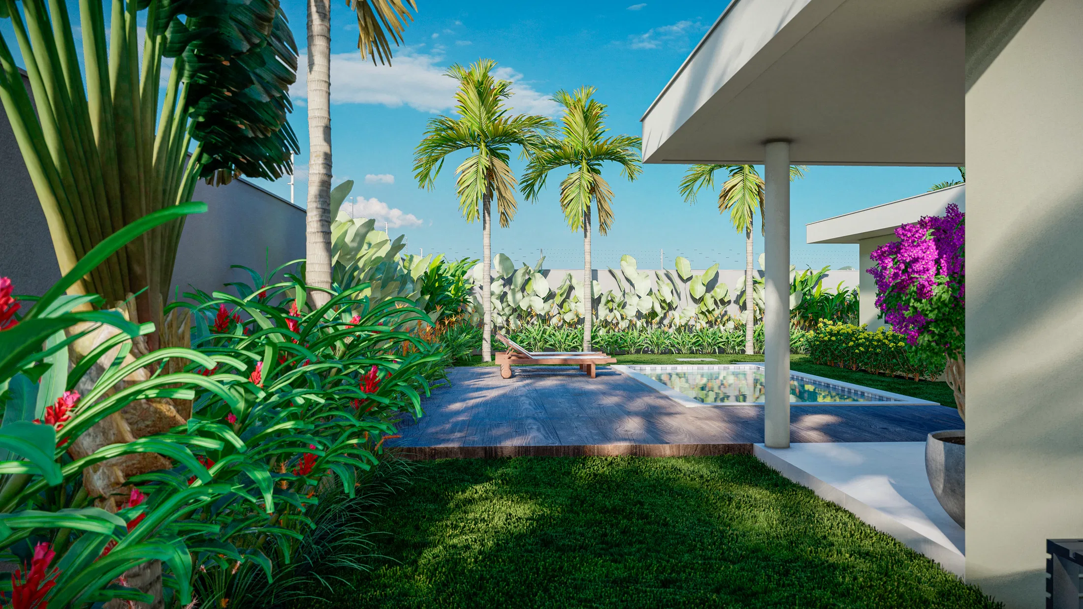 Backyard with a pool and timber deck, a single sun lounger, dense foliage and pink bougainvillea beside the veranda
