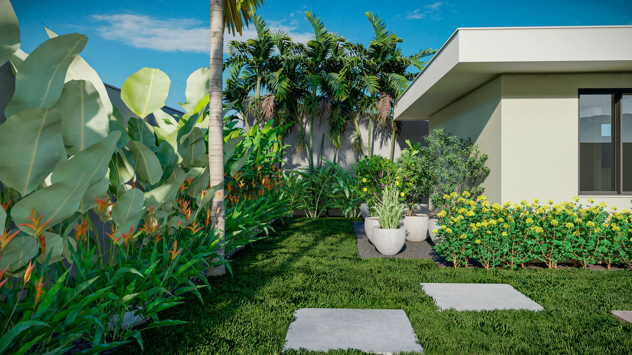 Detail of a tropical bed with white planters, yellow-flowering shrubs and stepping stones set in the lawn