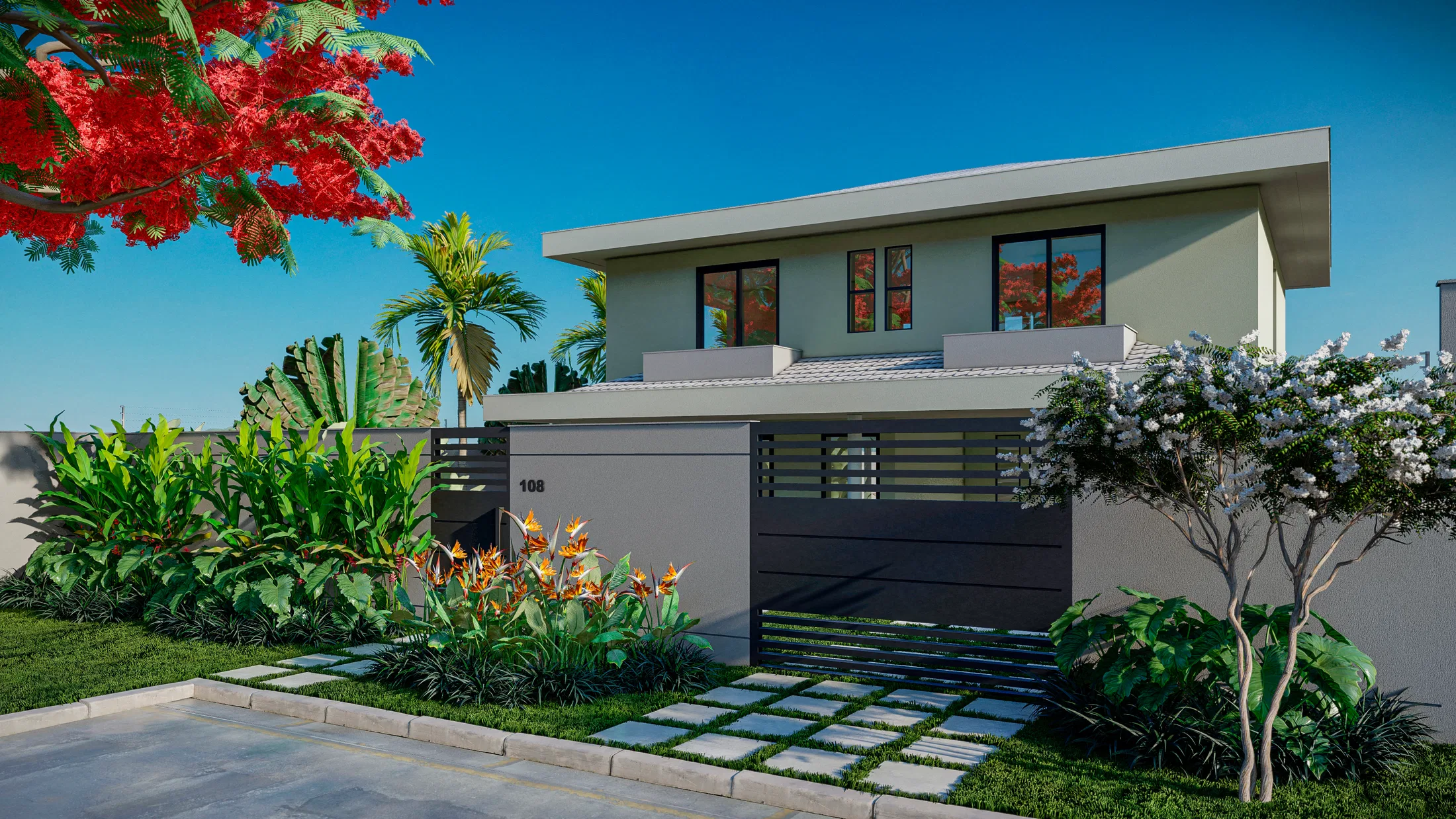 Frontage of a modern residence with a dark-slatted gate, a red-flowering tree and a stone path between tropical beds