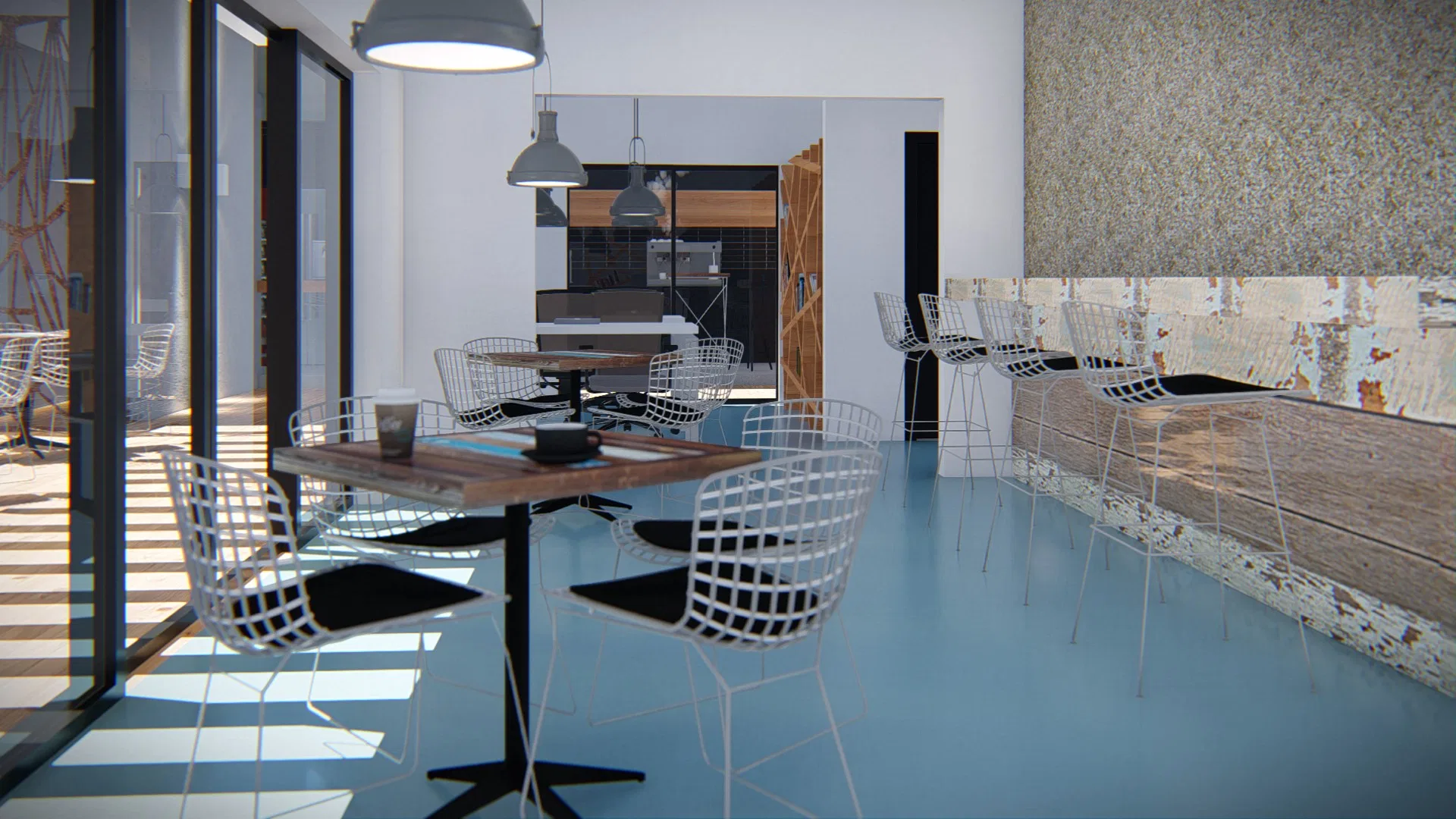 Café area with white wire chairs, wood tables and a blue resin floor, lit by tall glazing and industrial pendant lamps