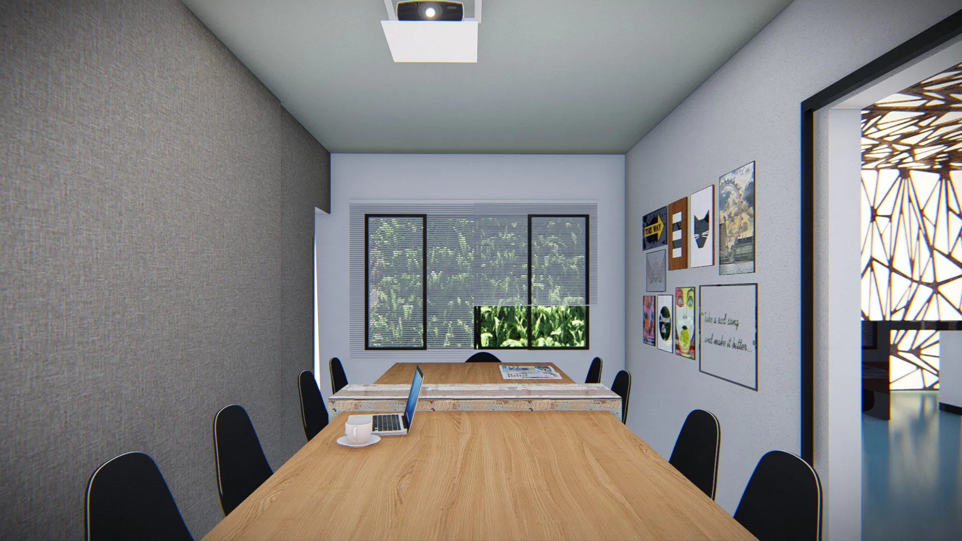 Smaller meeting room with a wood table, a ceiling projector and a window onto a vertical garden, beside a wall of posters