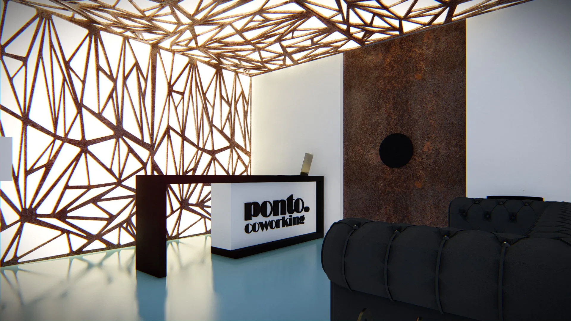 Reception with a backlit organic-pattern screen, an illuminated Ponto-branded desk and a black tufted sofa on a glossy floor