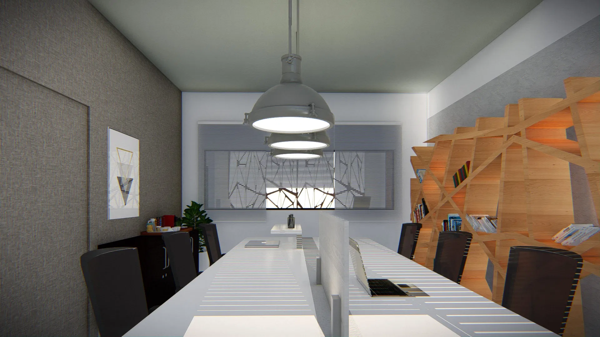 Meeting room with a long white slatted table, dark chairs, a geometric wood shelving wall and dome industrial pendants