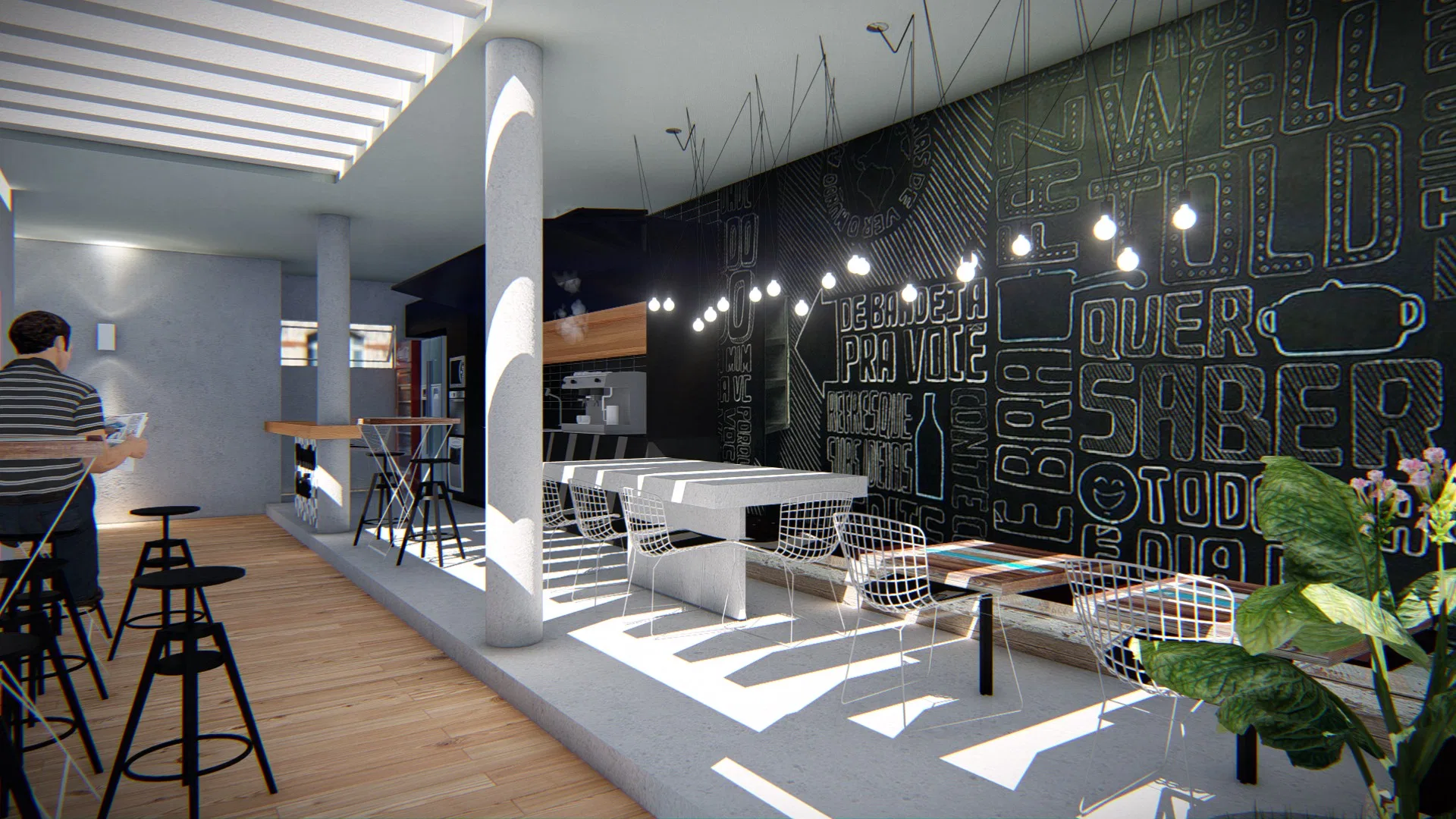 Raised kitchenette platform with a communal table, white wire chairs and a chalkboard wall of white lettering under string bulbs