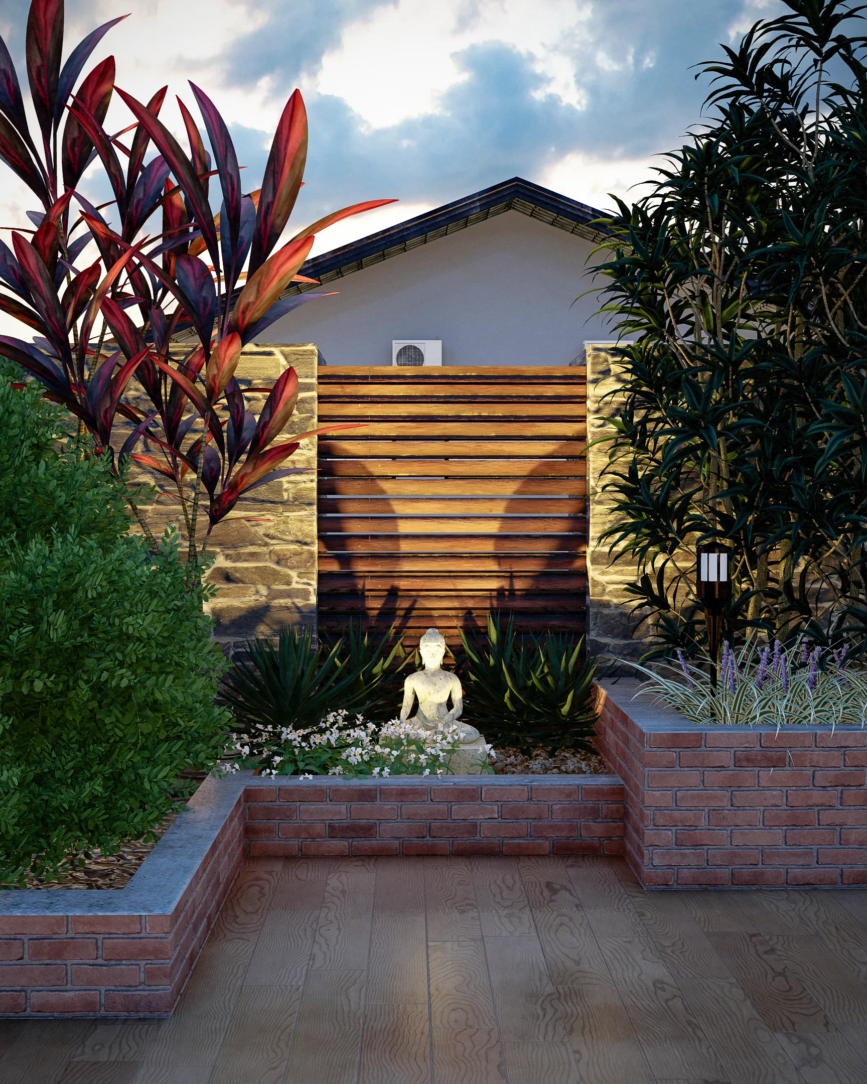 Architectural visualization of Contemplative Dusk Garden with Stone Wall and Buddha Sculpture — GRON 3D