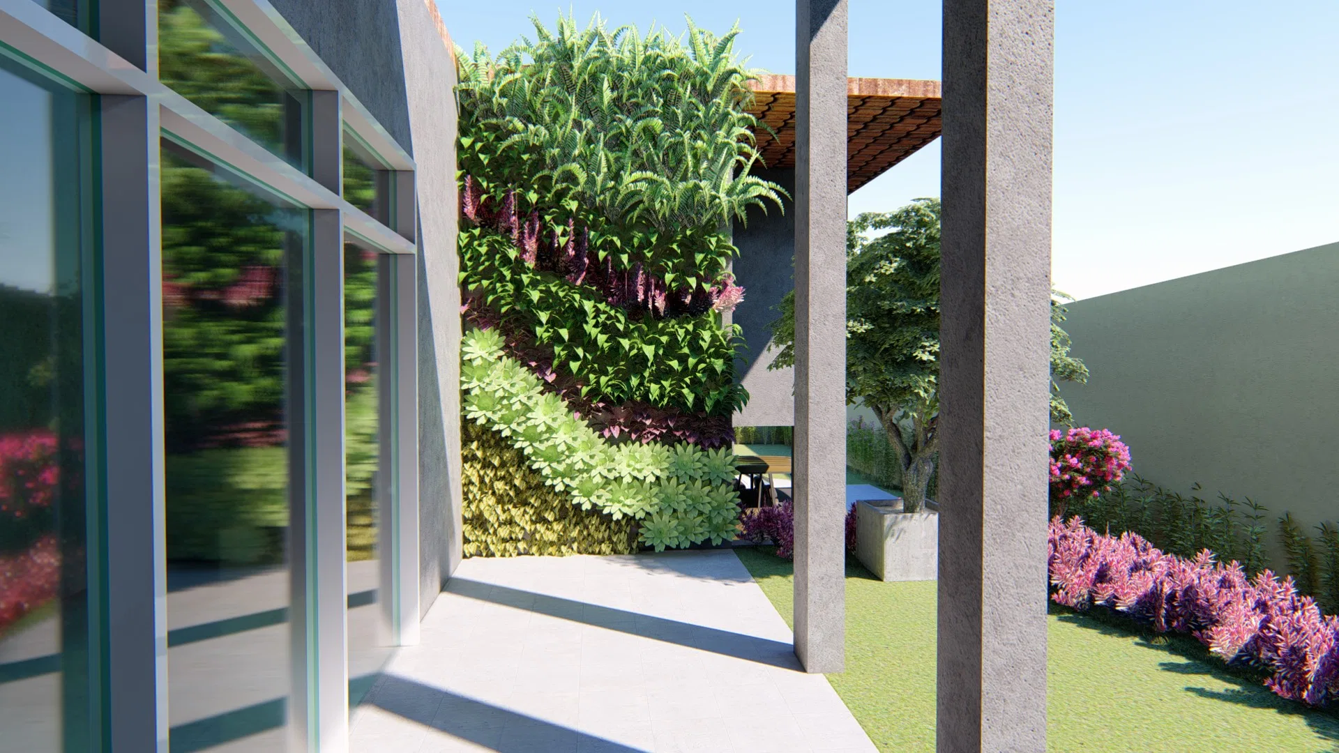 Side patio with a lush vertical garden of dense foliage and pink blooms, concrete columns, a pergola and a glass wall on the left