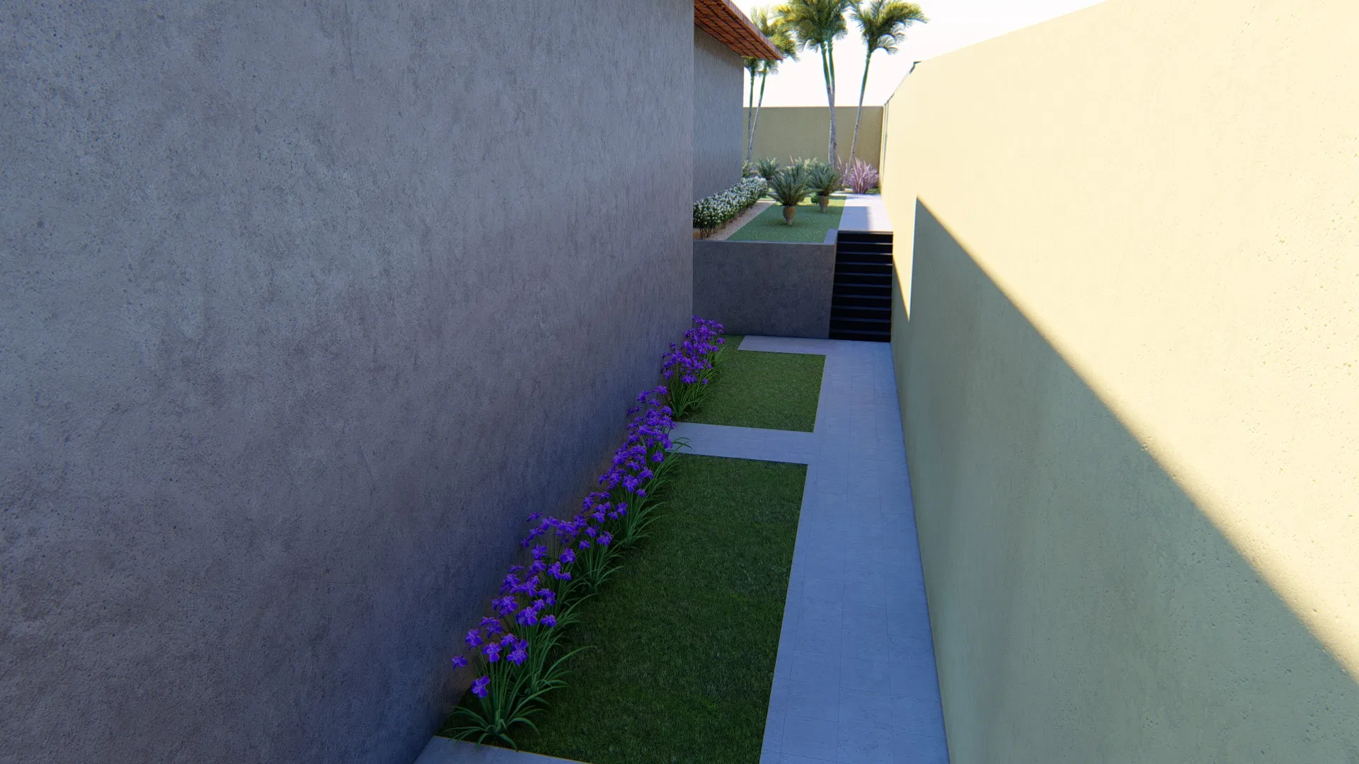 Narrow passage between gray and yellow walls, with concrete stepping-stones and grass strips, purple flowers along the edge and steps to a planted terrace