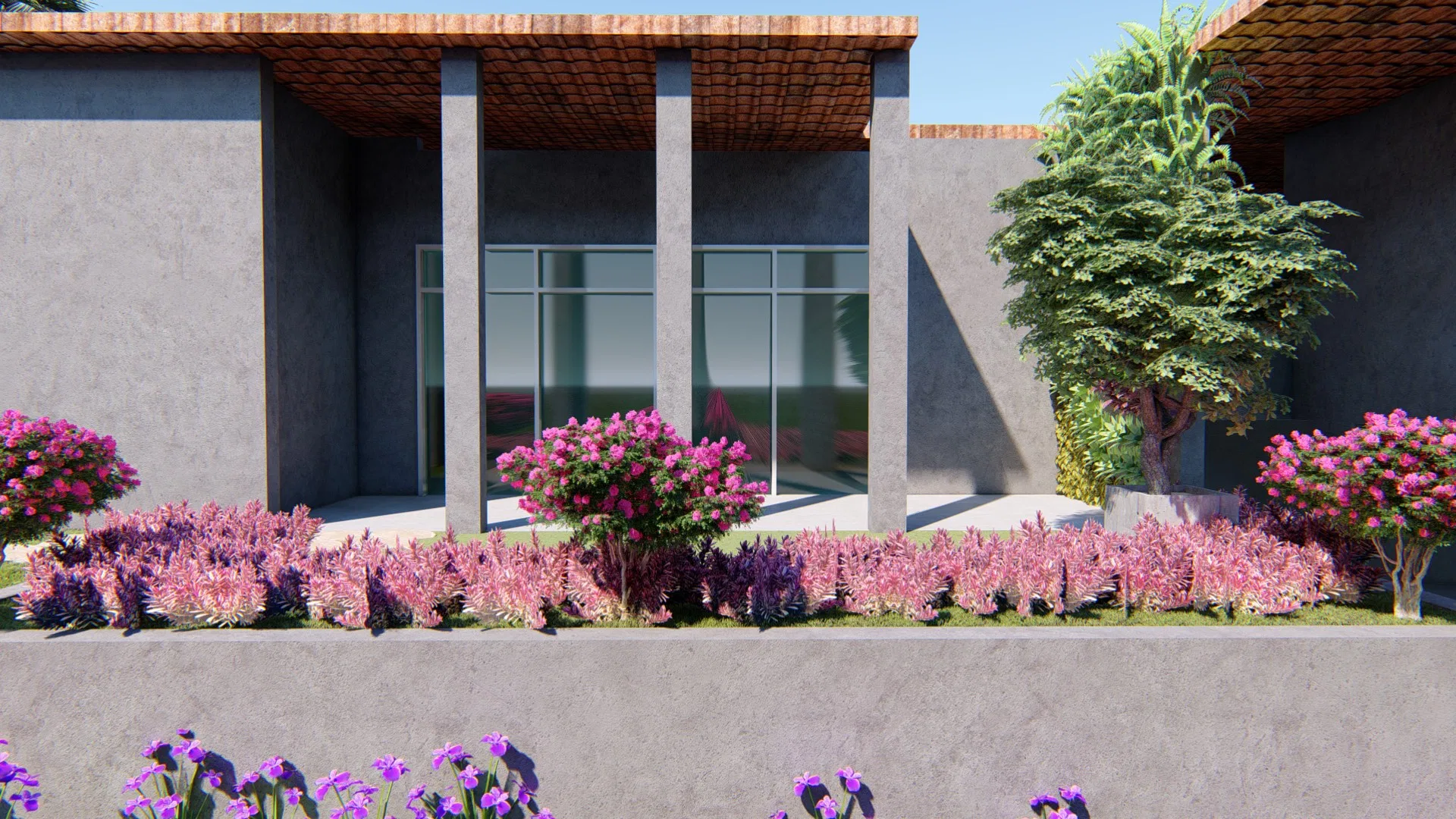 Raised bed overflowing with pink and purple flowering plumes and shrubs, backed by a concrete facade with a pergola and glass doors