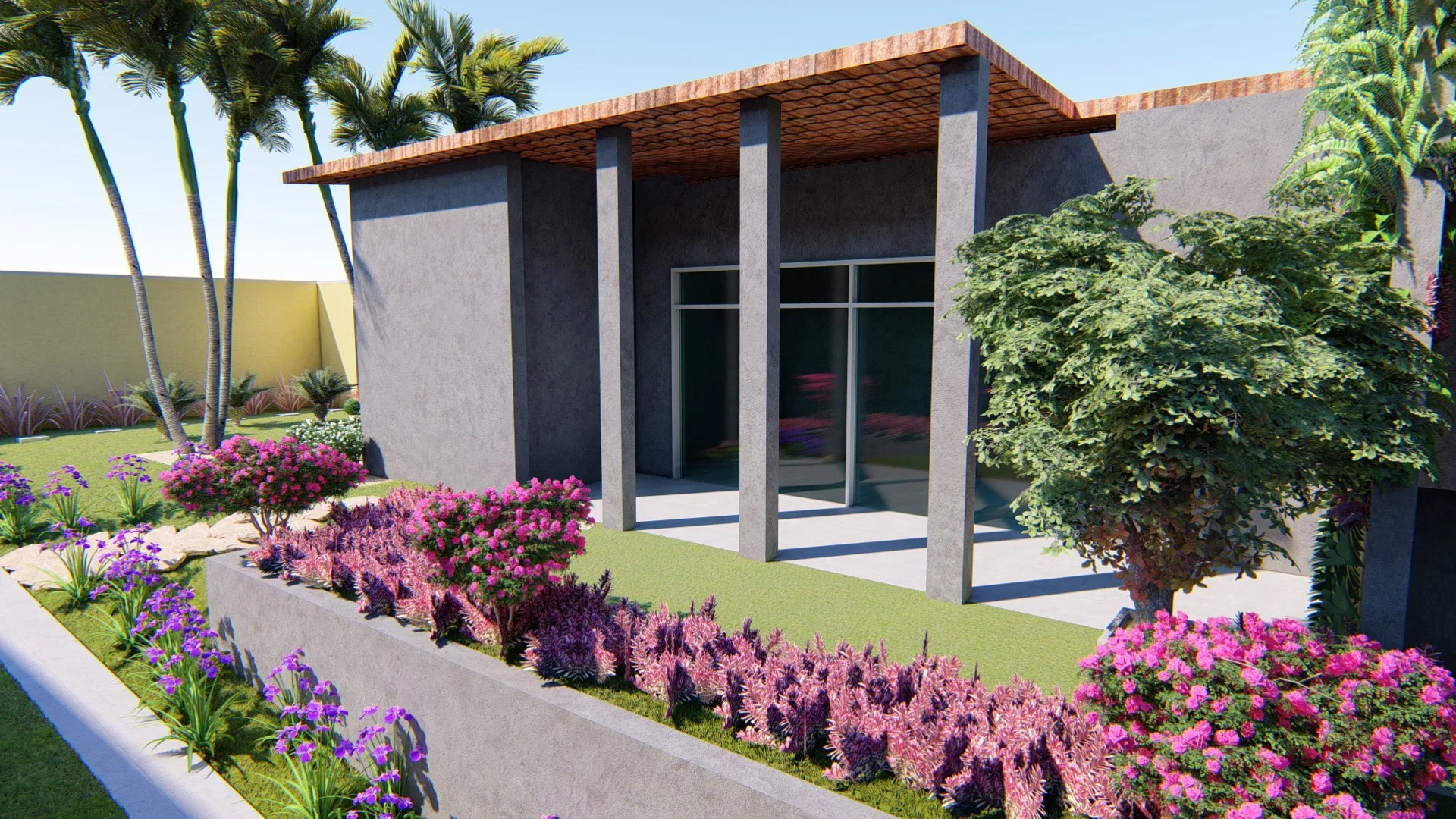 Angled view of the entrance with a pergola, gray columns and a concrete planter packed with pink and purple flowers beside a round-crowned tree
