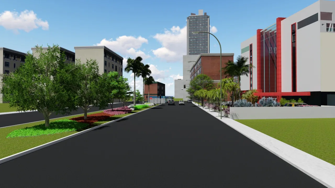 Avenida interna do complexo, com canteiro central arborizado e florido, ladeada por edifícios e uma torre residencial ao fundo.