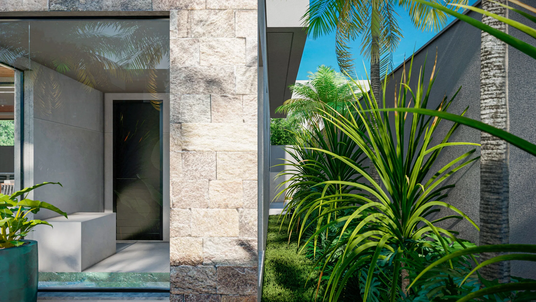 Entrance detail with a rough stone-clad wall and a covered niche with a bench, beside a sunlit grass strip with a palm and a dracaena