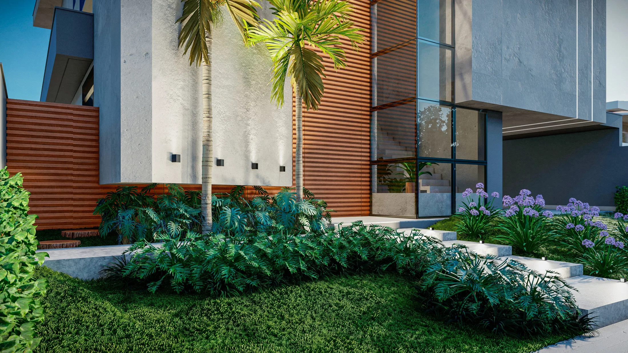Entrance garden with a concrete and wood-slat facade, palms, a leafy understory and clusters of flowering agapanthus in sinuous beds