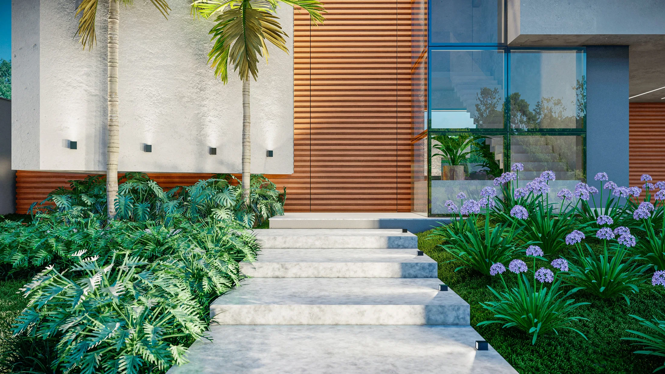Pale stone steps rising to a slatted door, flanked by ferns on the left and flowering agapanthus on the right beneath wall sconces