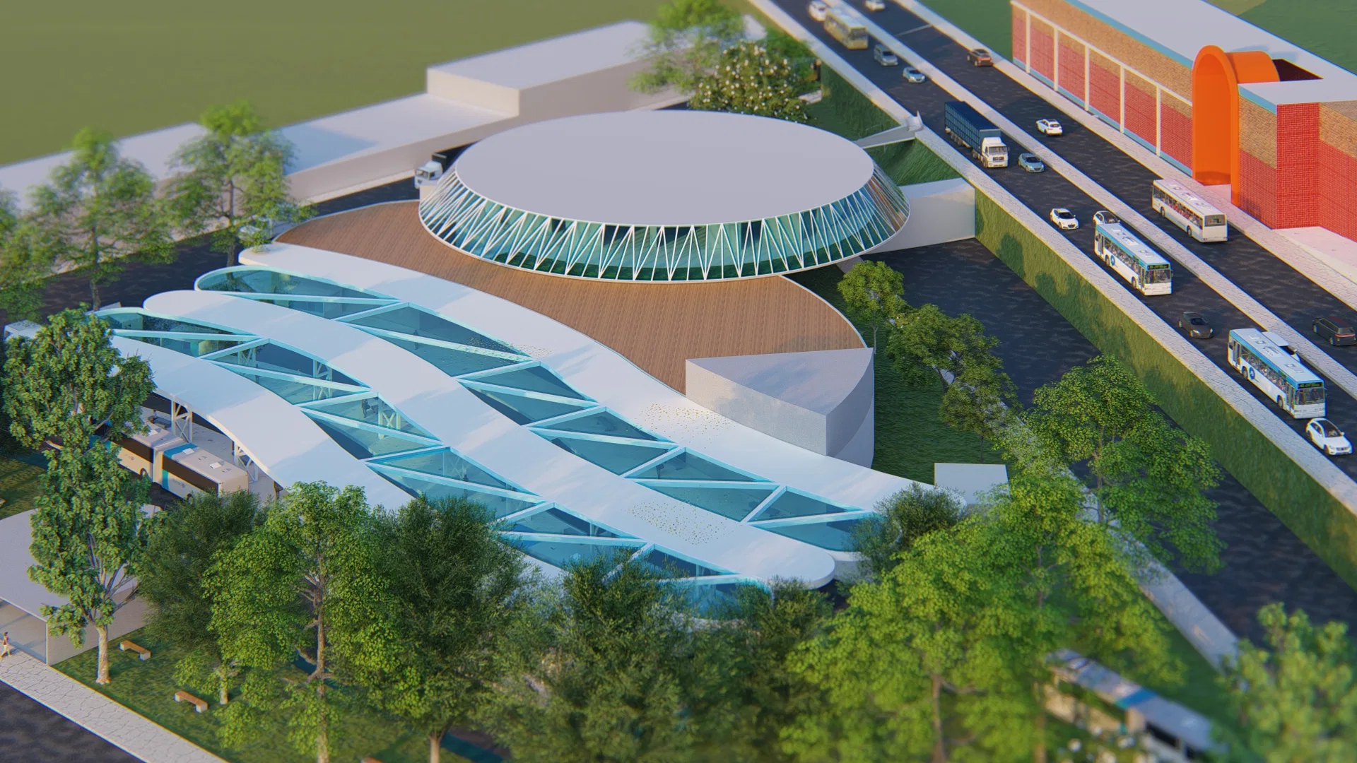 Another aerial angle highlighting the glazed wavy canopies in the foreground and the circular volume behind, with road and vehicles at right