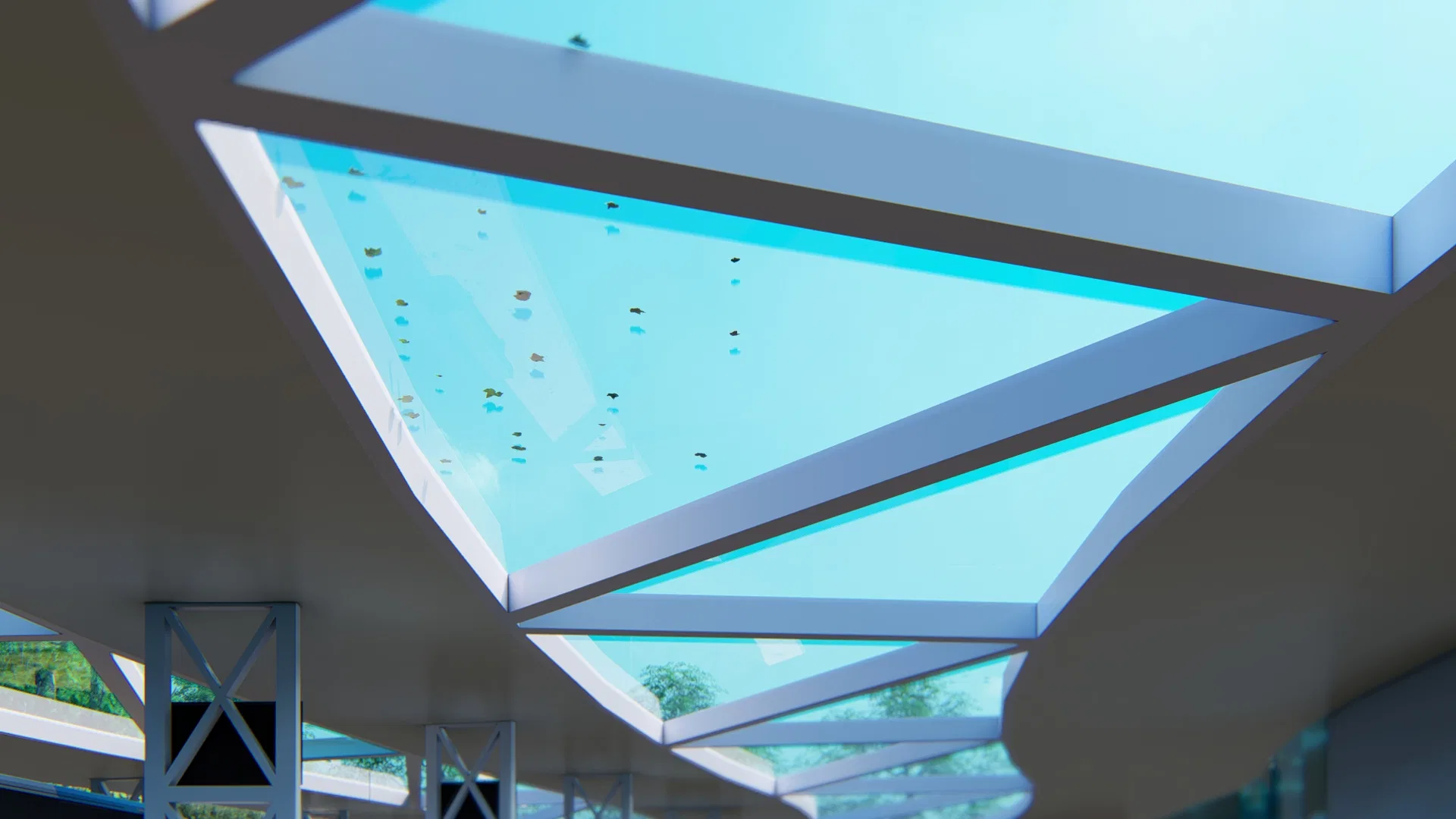 Roof detail seen from below, with white steel beams framing translucent turquoise panels and cross-braced columns