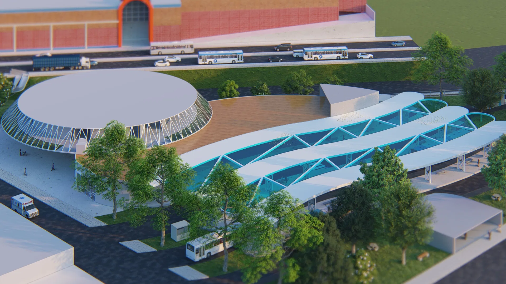 Aerial view of a transit terminal with a white circular roof and a wavy blue-glass canopy, buses lined up on the road alongside