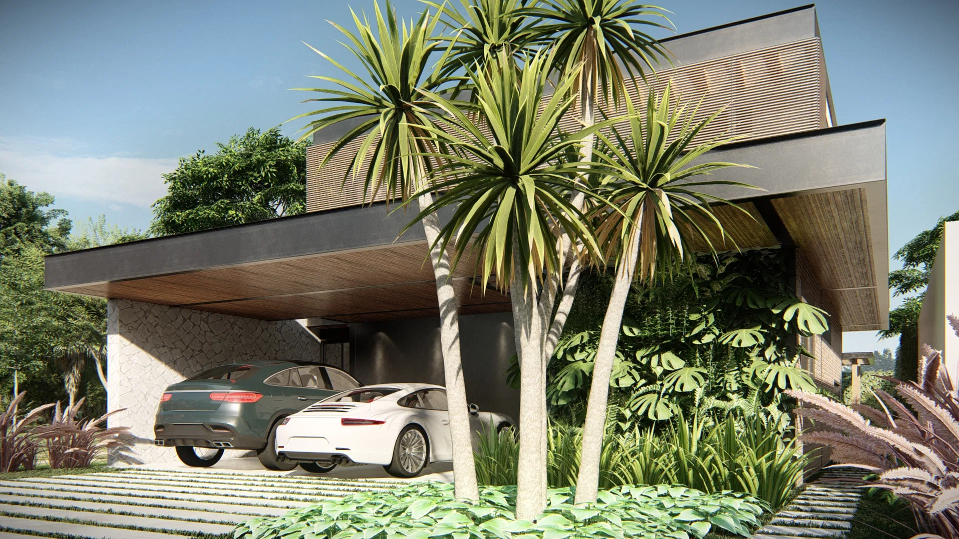 Front-on view of the facade with a stone-clad carport, two parked cars and a bed of spiky-leaved plants by the entrance