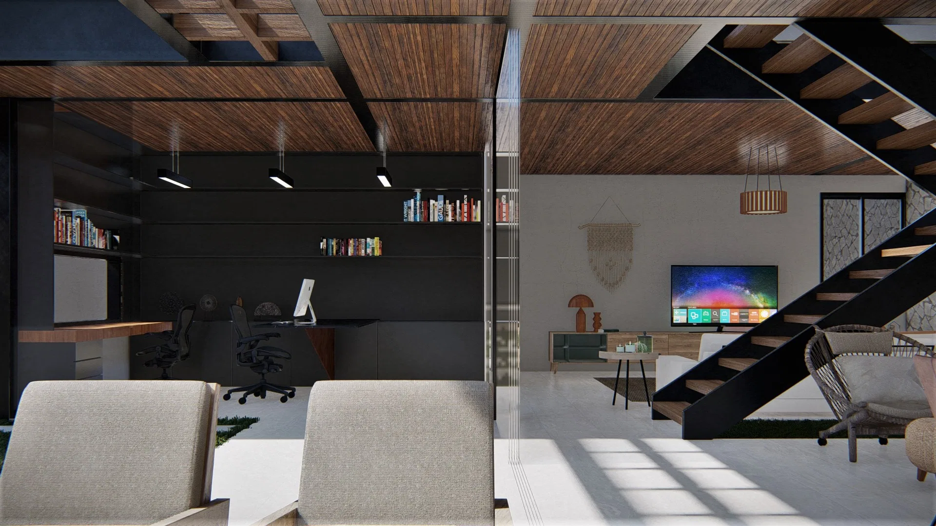Home office with dark walls, built-in bookshelves, desks with office chairs and an open staircase beyond