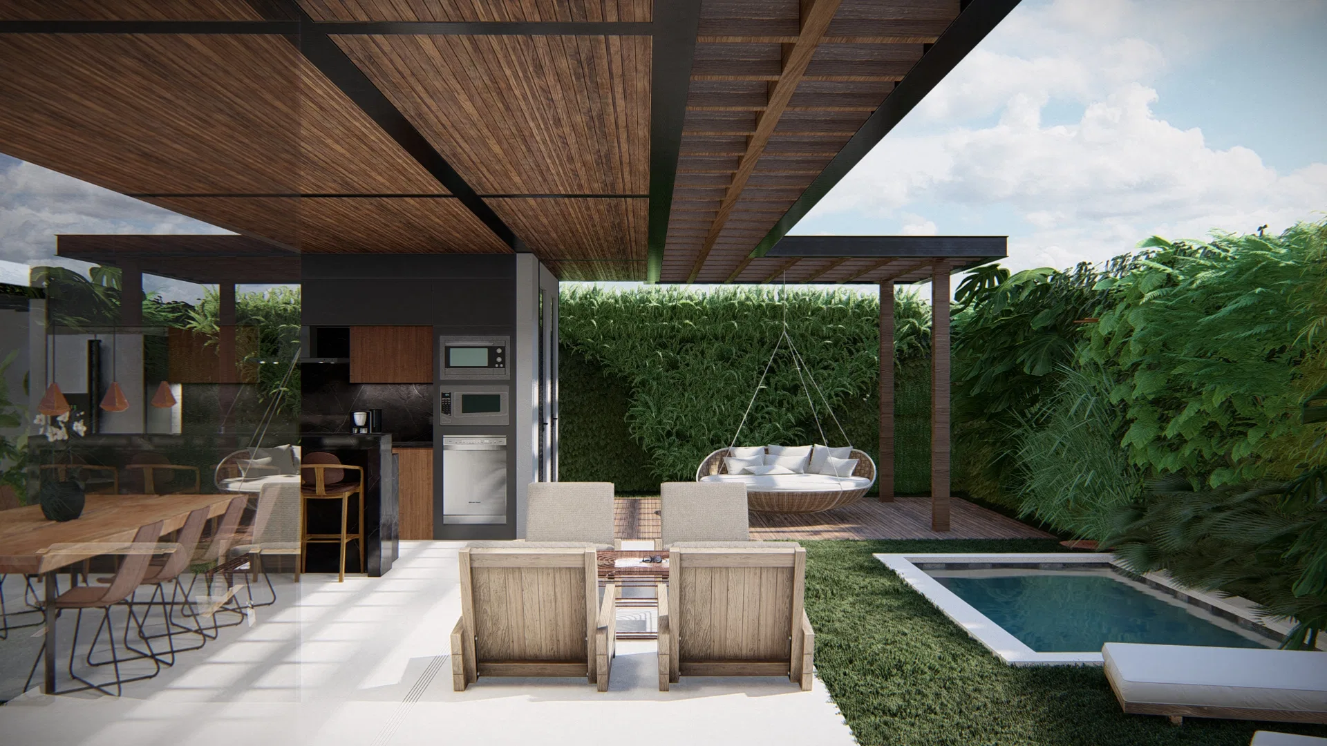Covered outdoor area with a compact kitchen, a hanging wicker chair, a wood pergola and a rectangular pool beside the garden
