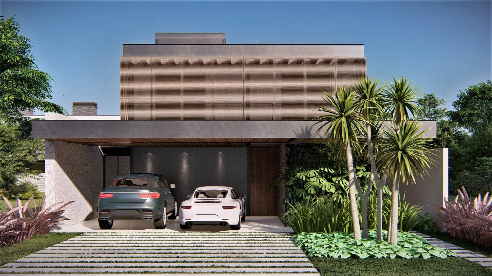 Two-story black-and-white facade with a wood-slat brise-soleil, a sports car and an SUV parked under the carport canopy, palm trees at the entrance
