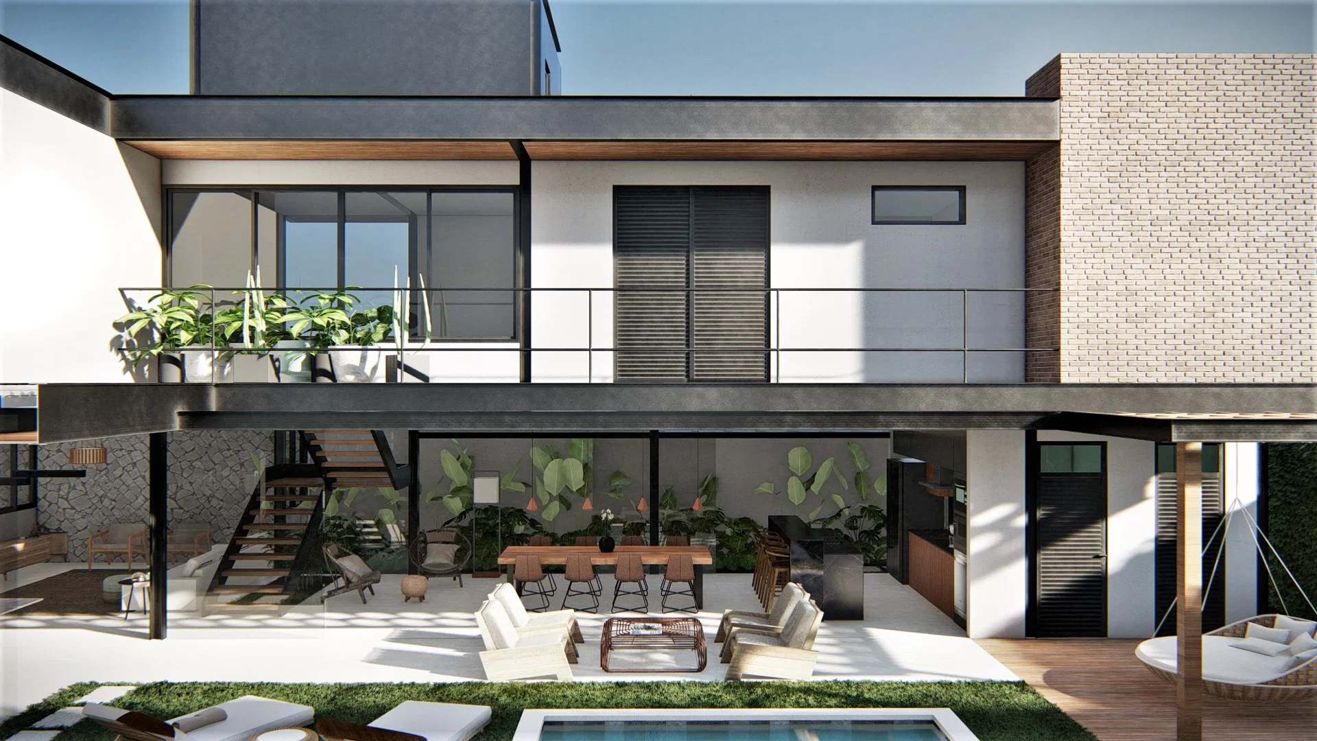 Rear facade with an upper balcony, an internal courtyard with plants and a view to the ground-floor pool