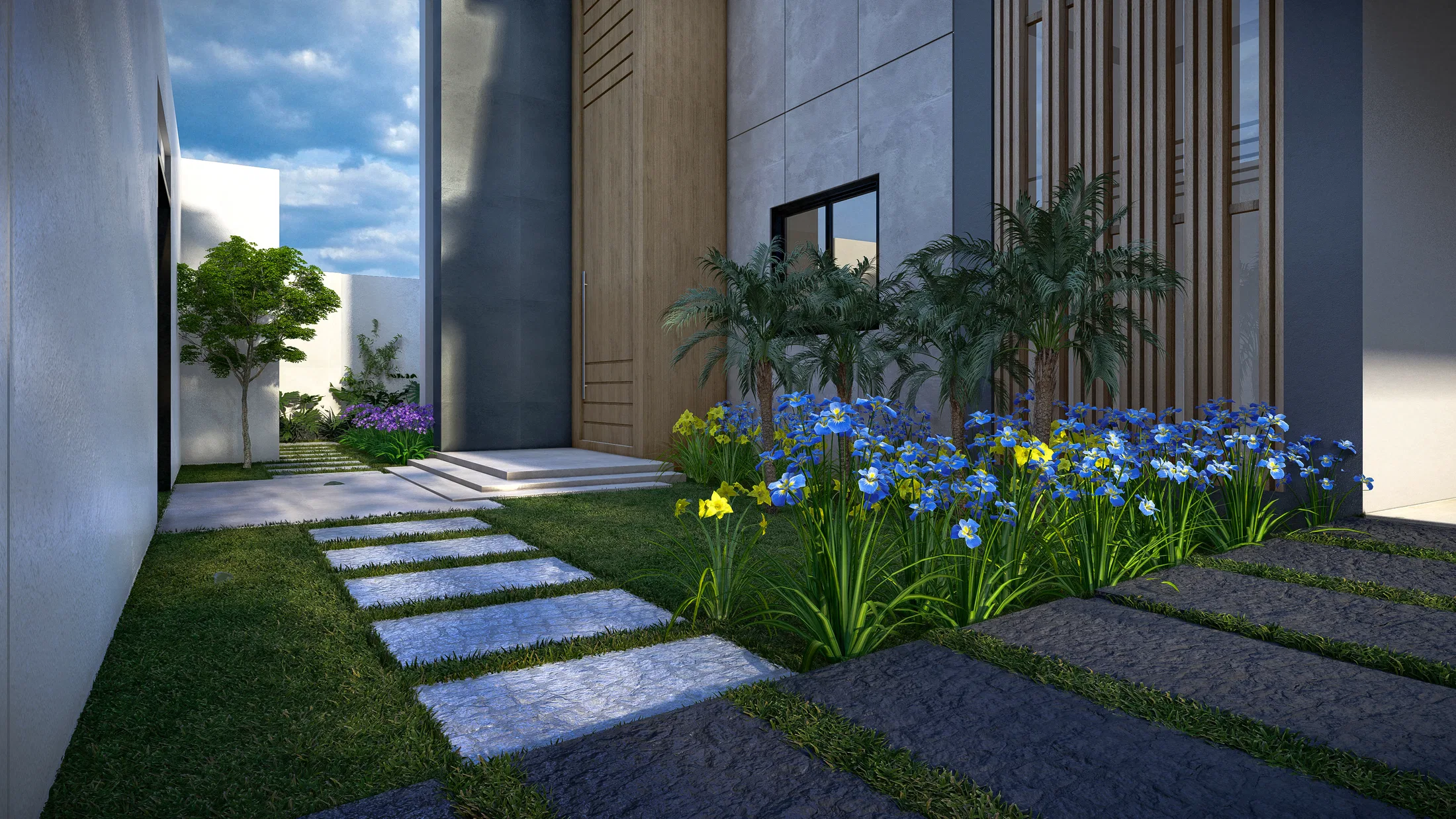 Entry path at dusk with concrete stepping slabs across the grass, a bed of blue agapanthus and yellow flowers by the slatted-and-stone facade