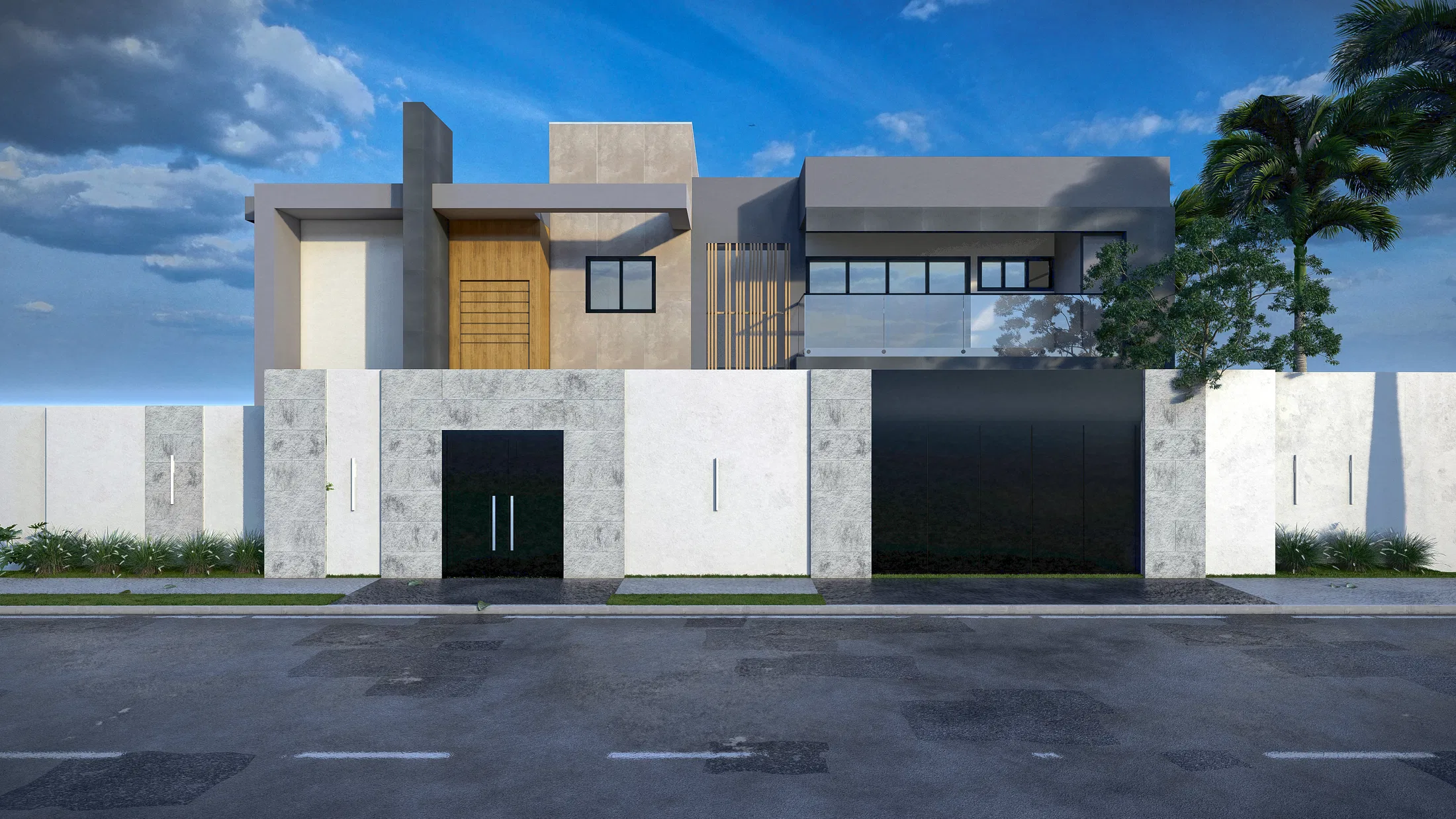 Street-facing facade of a two-storey contemporary house behind a stone-panelled wall, with a wooden pivot gate and a dark vehicle gate