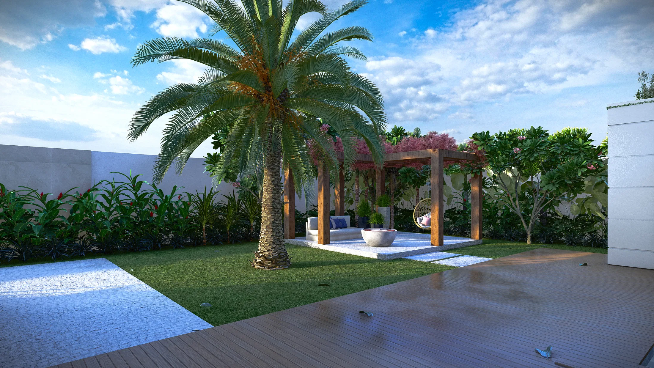 Backyard with a tall palm at the centre, a timber pergola sheltering a sofa and a hanging chair, pink bougainvillea over the frame and a wooden deck alongside