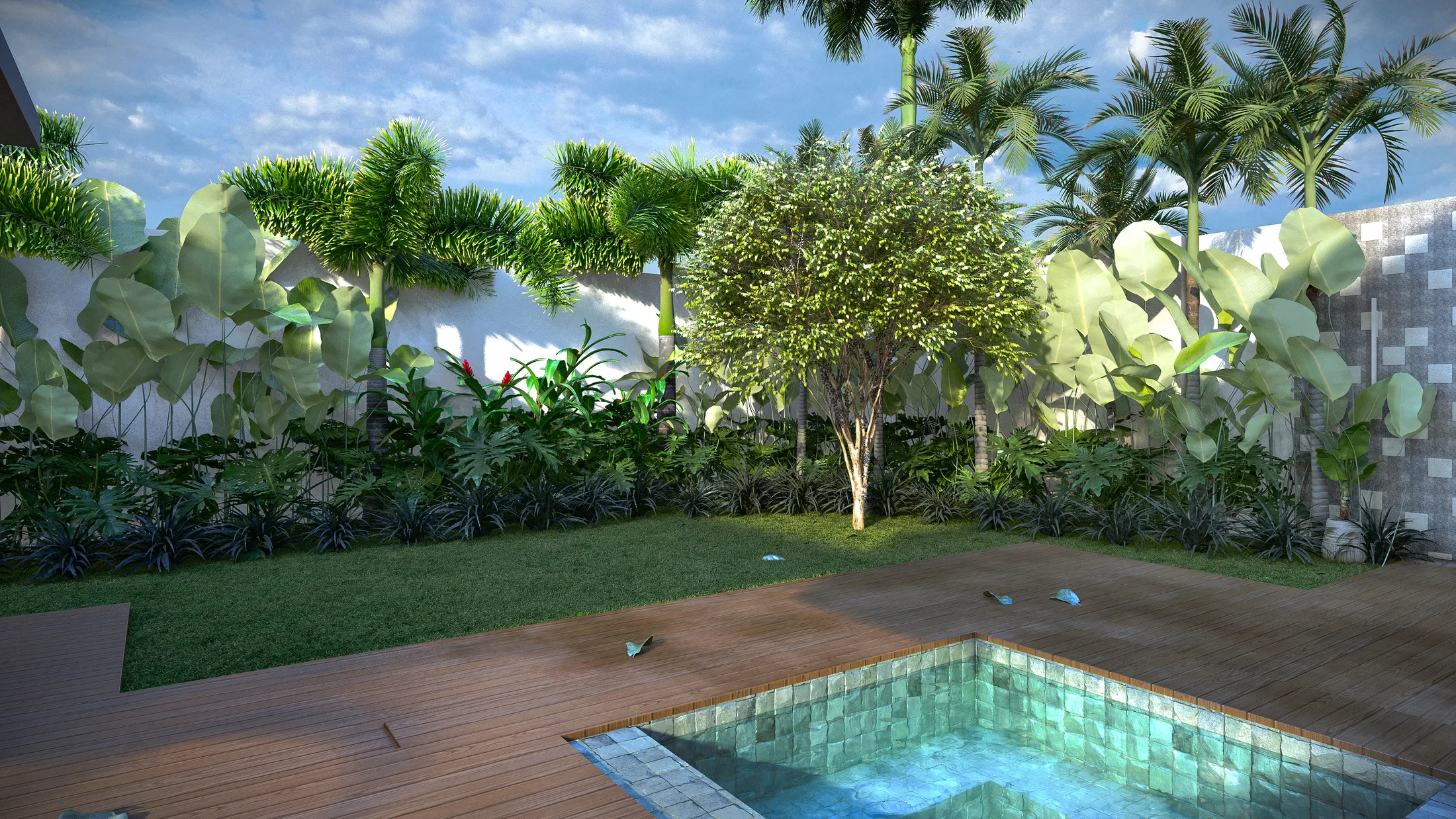 Pool finished in greenish mosaic tile with a timber deck, a lawn strip and a central tree before dense tropical planting along the white wall
