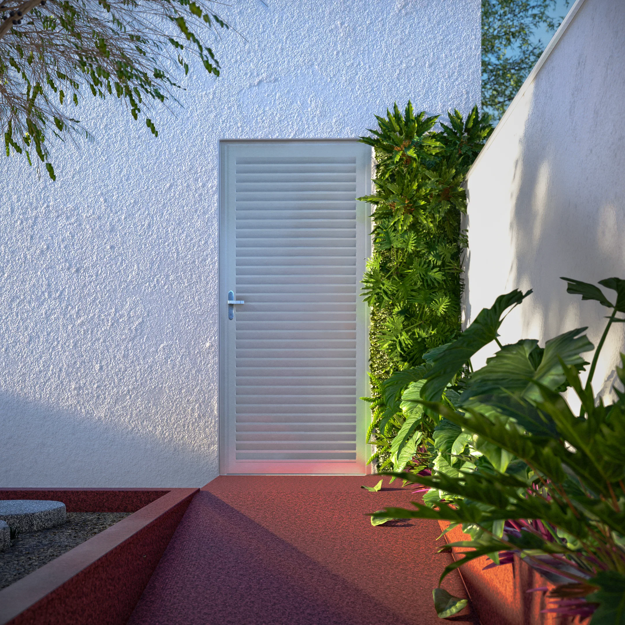 White slatted door flanked by a vertical garden and tropical foliage, over reddish flooring by a side entrance