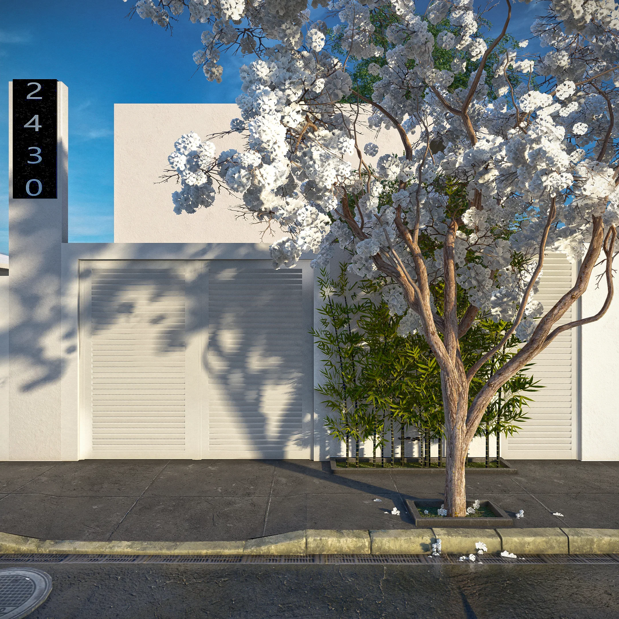 House facade with white slatted gates, a flowering tree with a white canopy and clumping bamboo along the wall
