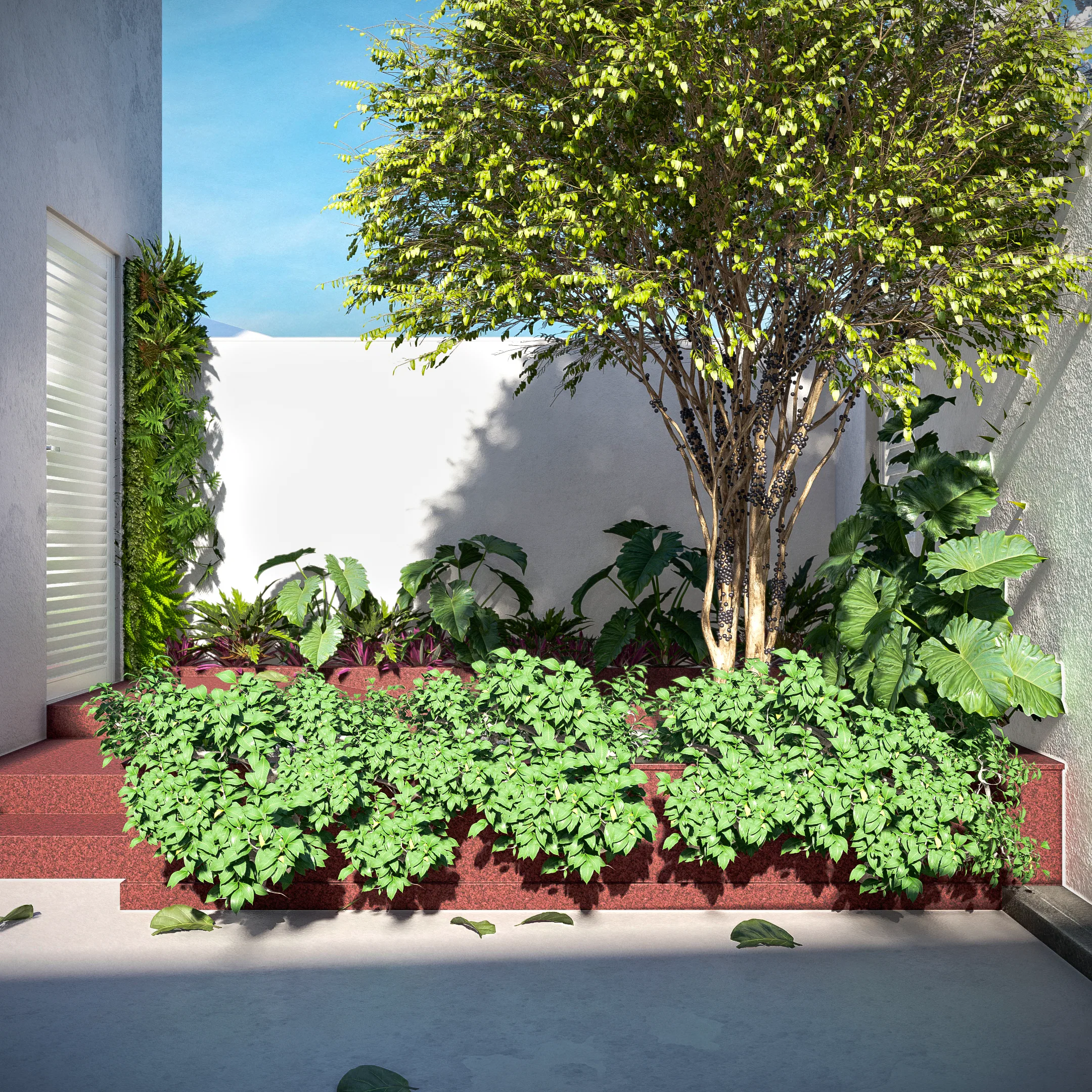 Entrance patio with tiled steps, a vertical garden by the door and a bed with a small tree and foliage