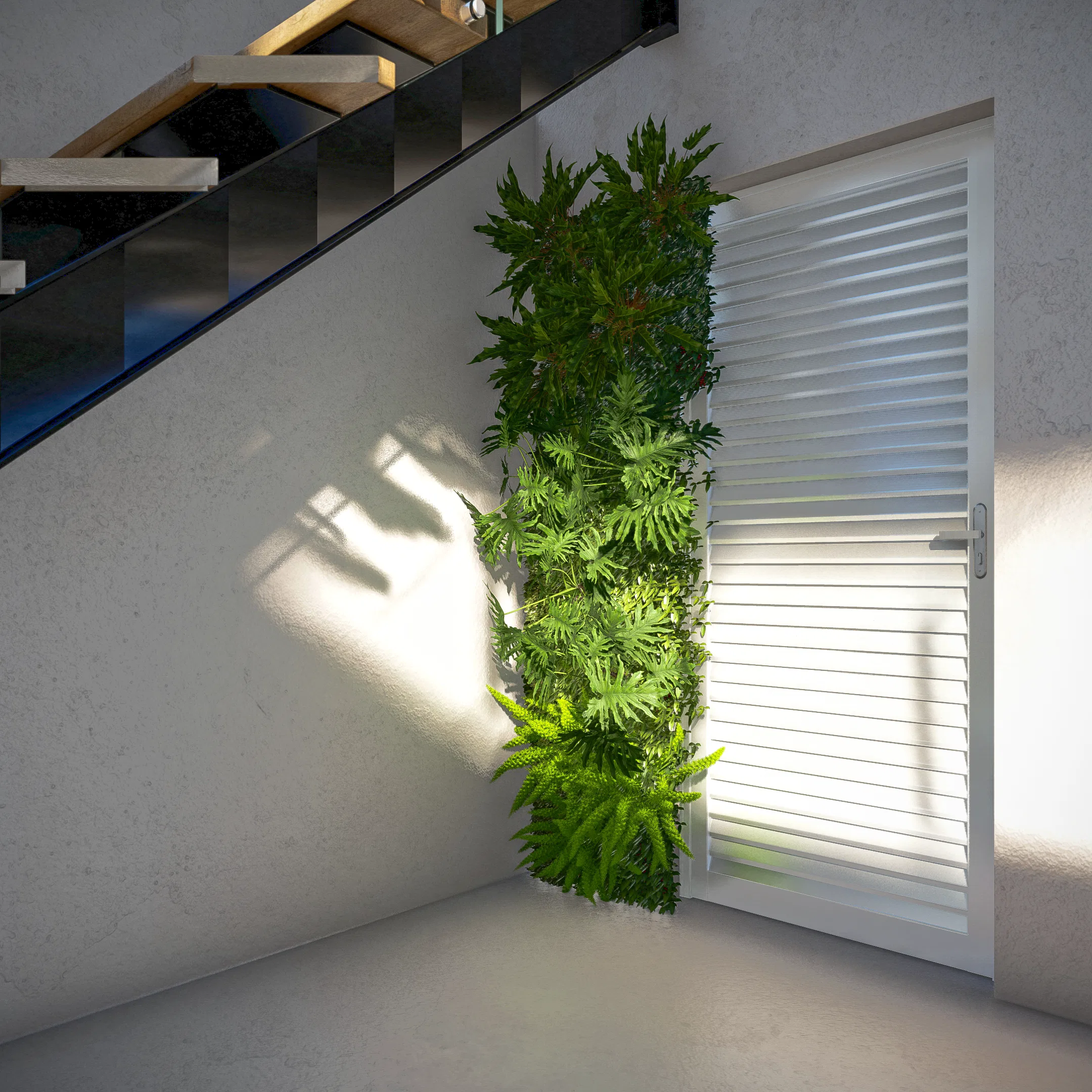 Foliage vertical garden beside an indoor staircase, next to a white slatted door with natural light coming through
