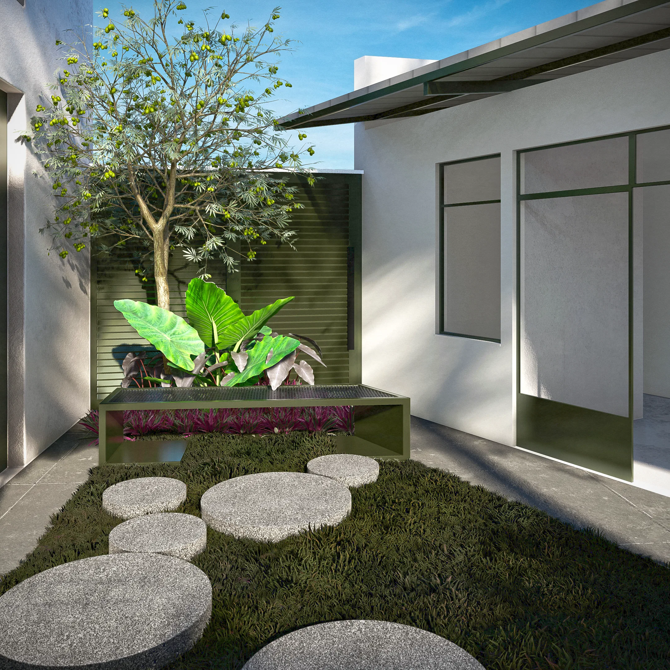 Inner courtyard with a small tree in a raised planter, large-leaved foliage and a synthetic grass floor