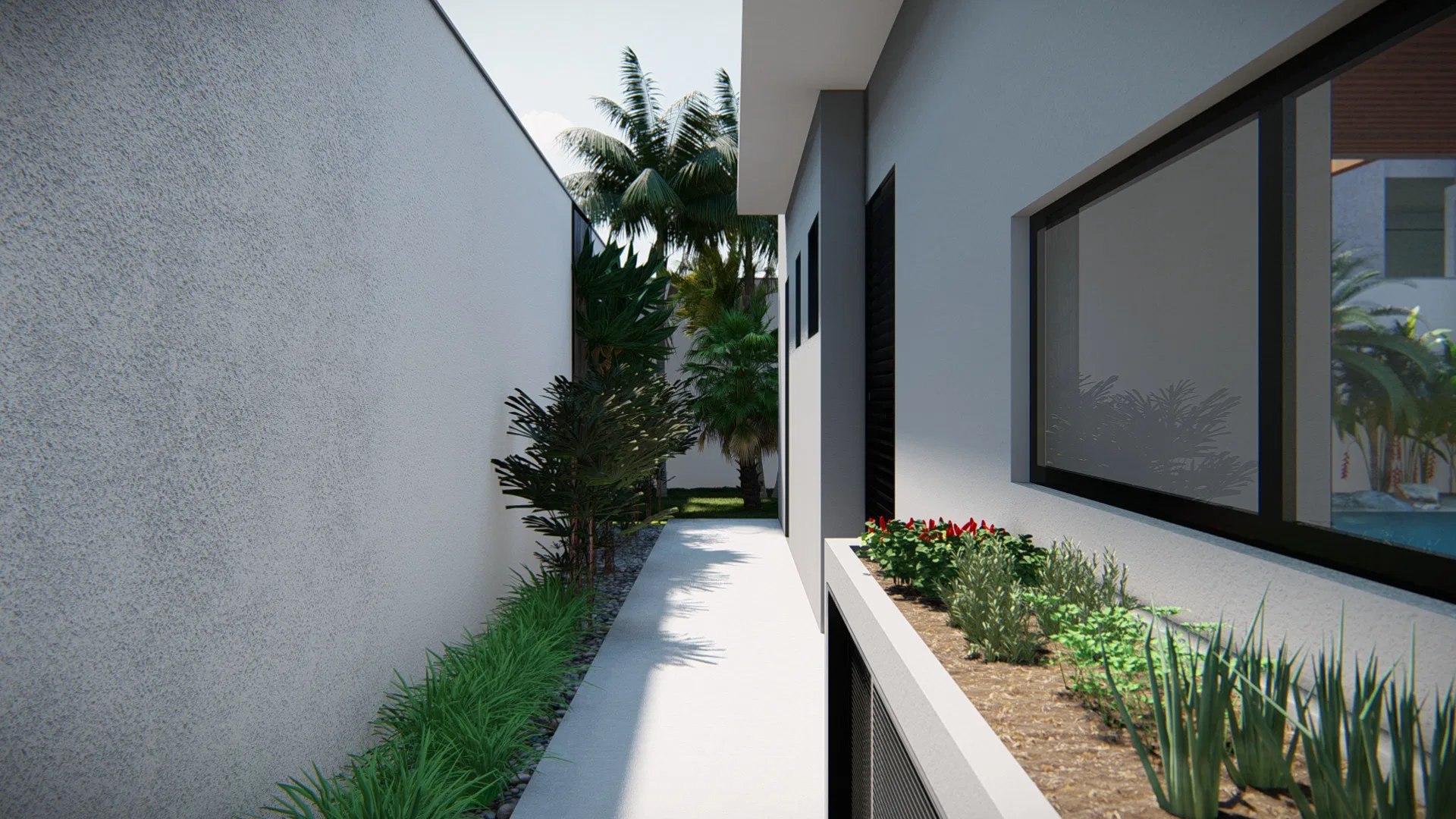 Side corridor between walls with pale paving, a bed of succulents and flowers beside the house and grasses along the base