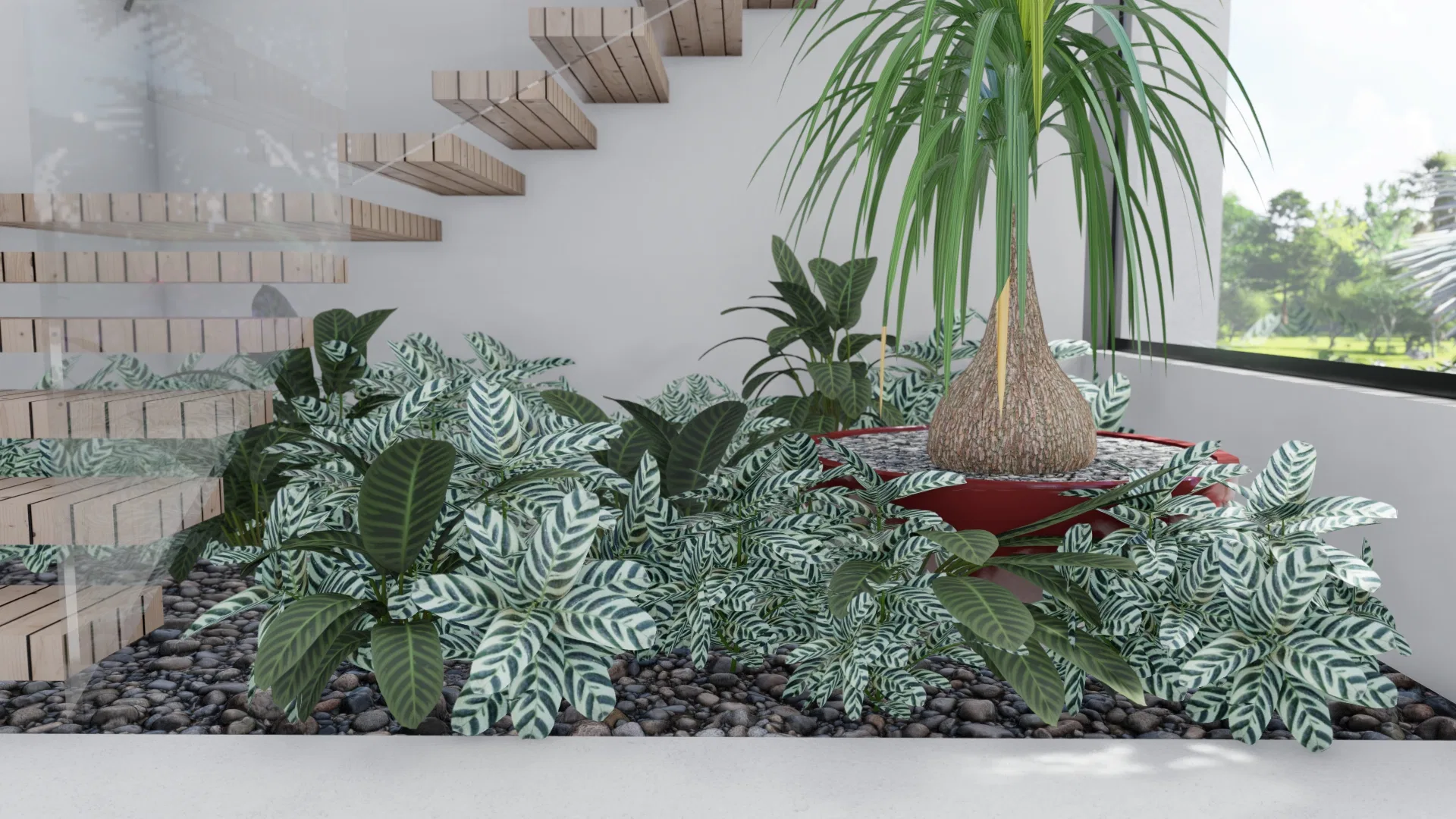 Interior hall with a bed of striped foliage and a ponytail palm in a red planter beneath a floating timber stair