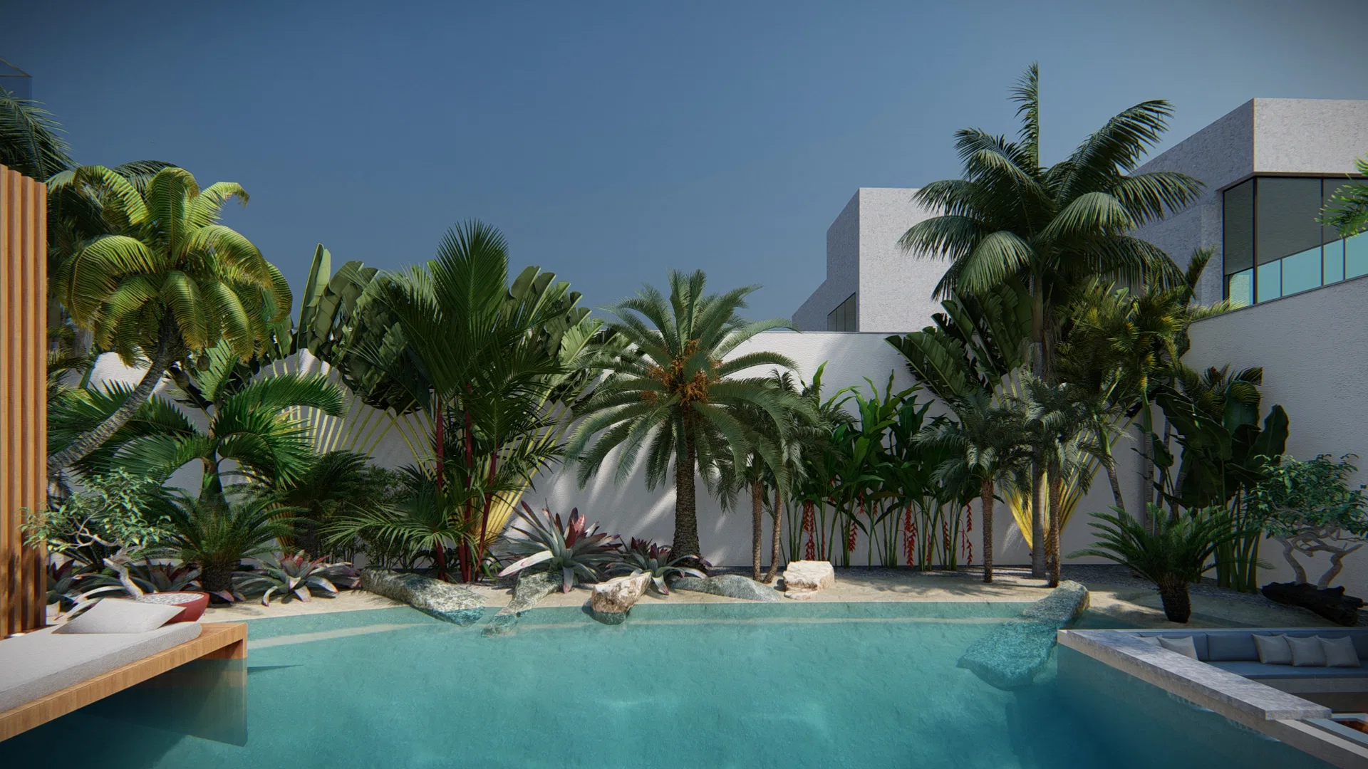 Tropical pool with a sandy beach entry, ringed by palms, cycads and dense bromeliads against a white wall at dusk