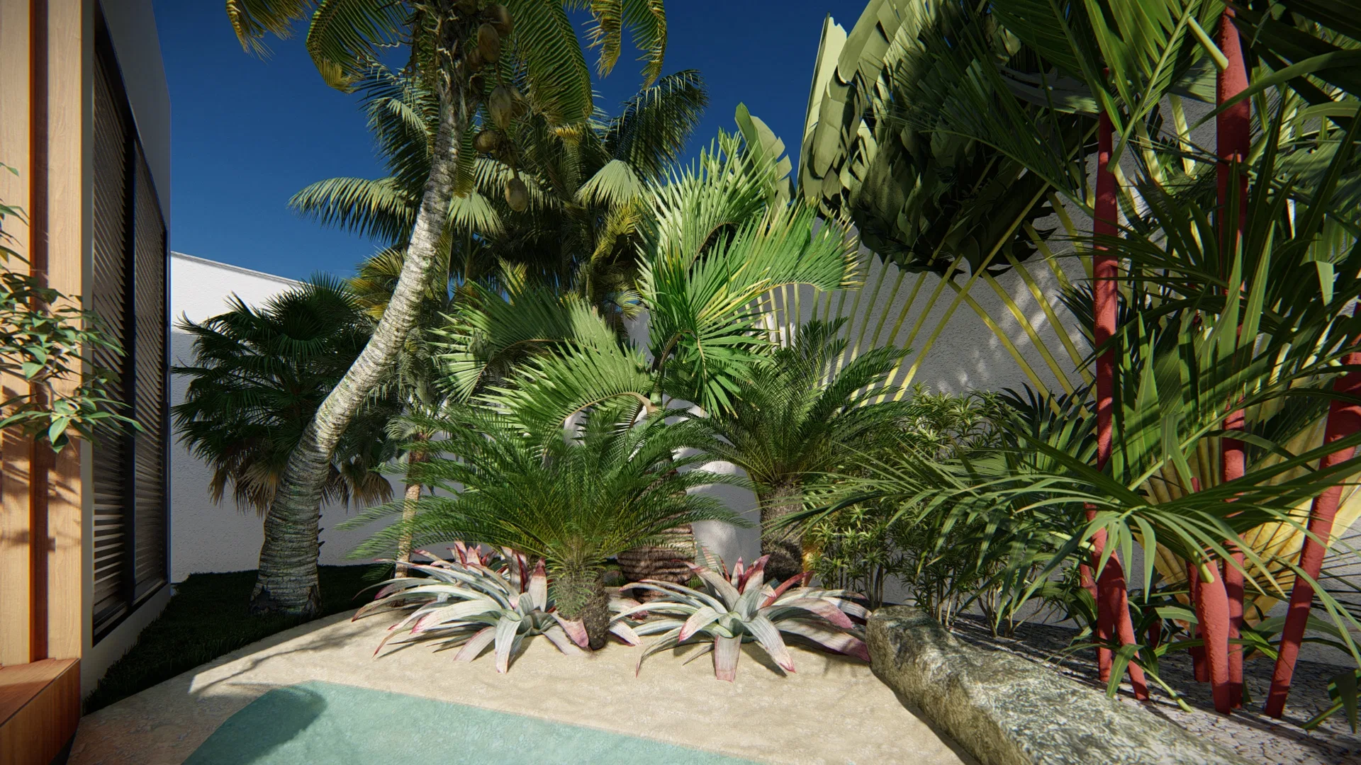 Pool corner with a coconut palm, cycads and pink-centred bromeliads, red-stemmed palms and a boulder on a sand bed