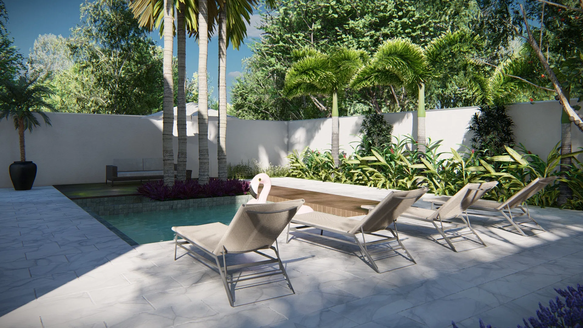 Opposite view of the pool with a built-in bench and spillover step, tall palms against the wall and four lounge chairs lined up on the stone paving