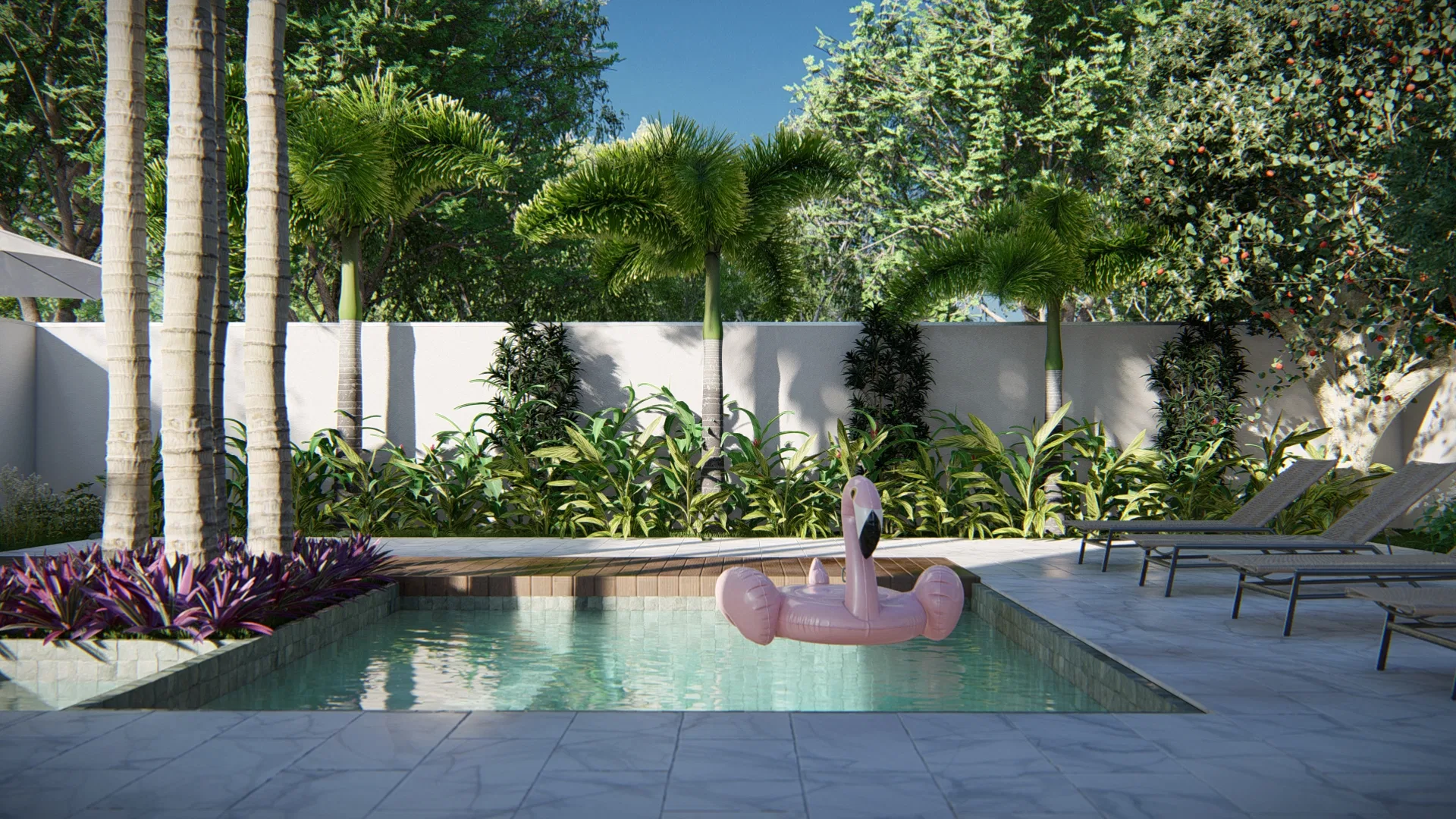 Pool corner with a cluster of tall palm trunks, purple-leaved shrubs and lounge chairs beside a pink flamingo-shaped pool float