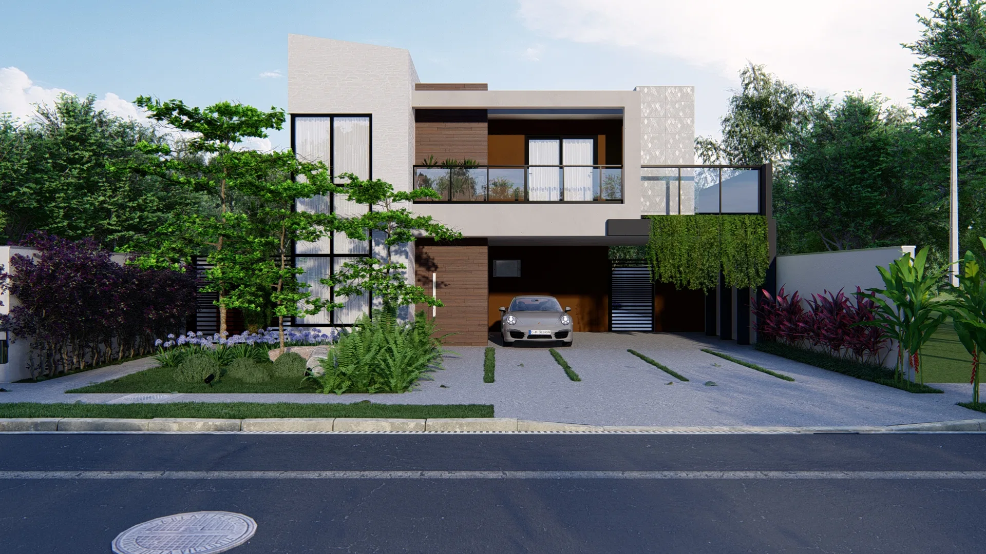 Two-story residence facade with a glass balcony, trees and ferns at the entrance, and a sports car parked in the garage