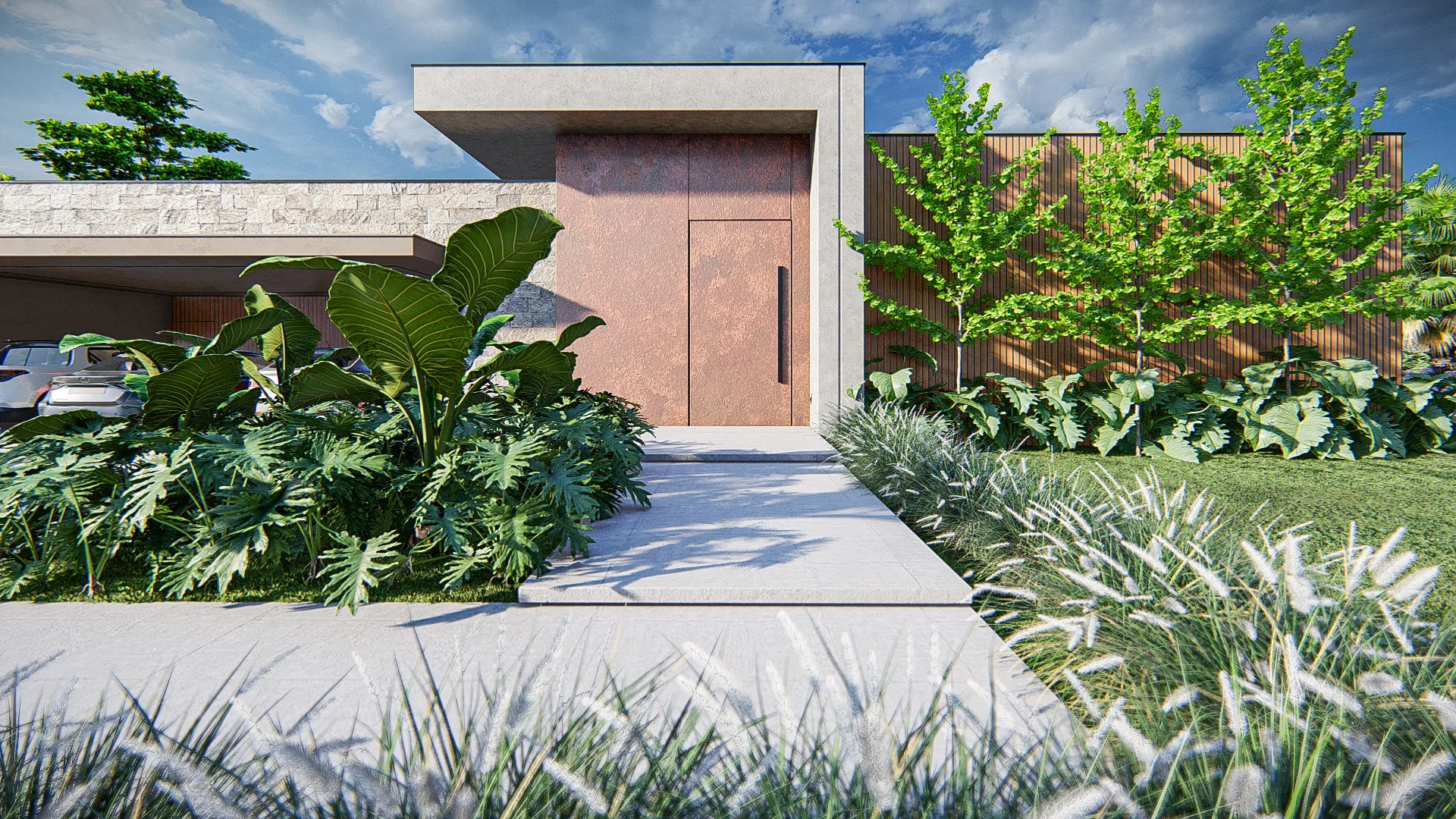 Walkway to the corten steel door, lined with elephant-ear leaves, philodendrons and white-plumed fountain grasses.