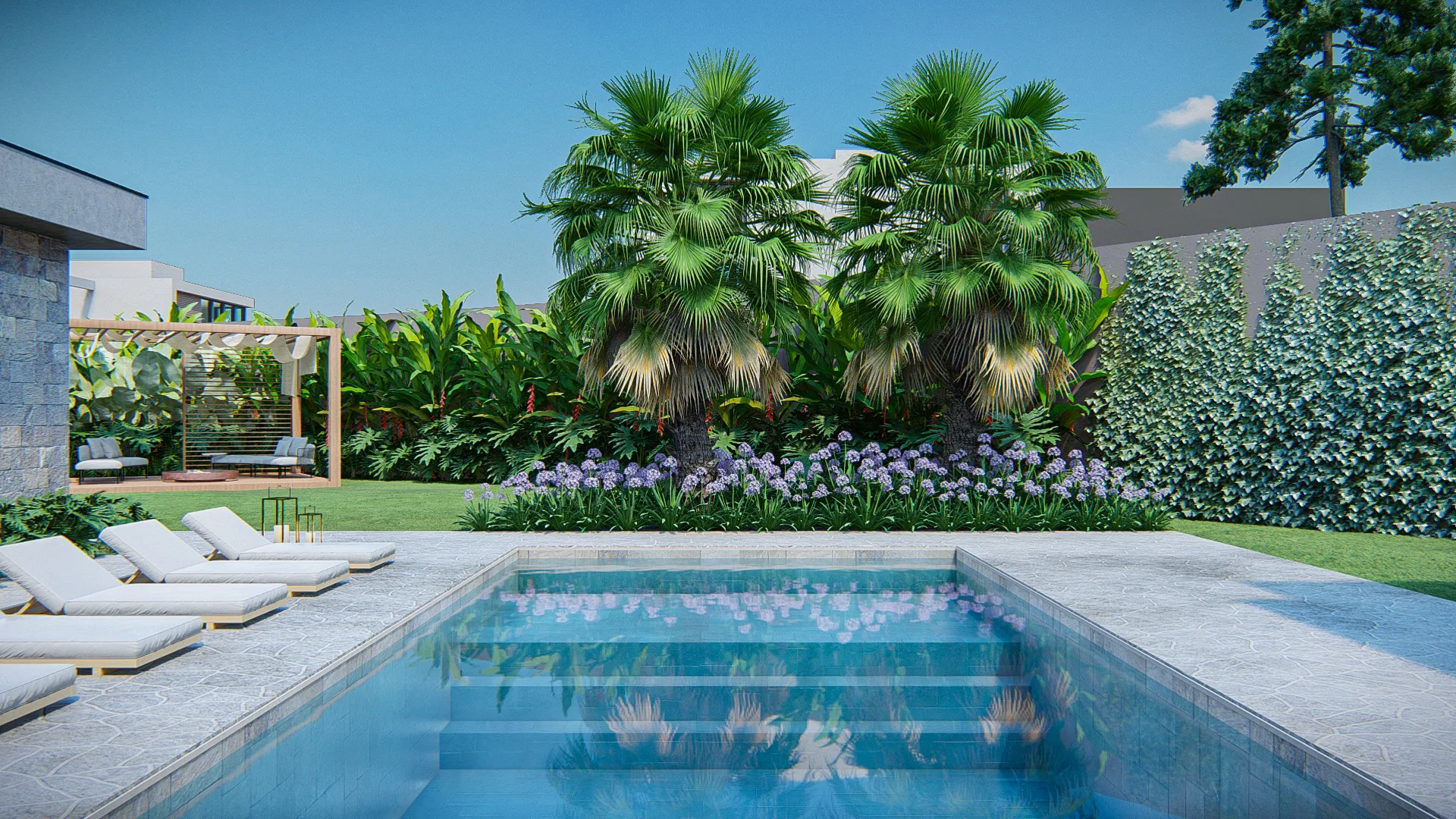 Clear-water pool with white loungers, fan palms, an agapanthus bed and a wooden pergola lounge in the background.