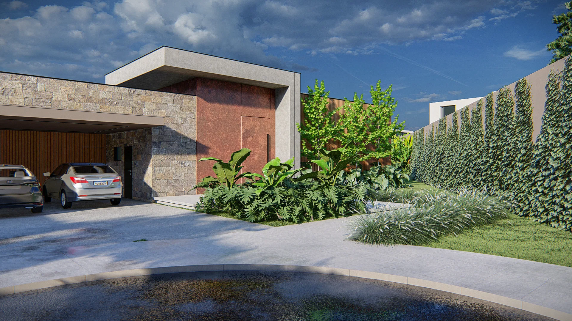 Entrance framed by a corten steel panel and stone cladding, a two-car carport, tropical foliage and a green climber-covered wall.