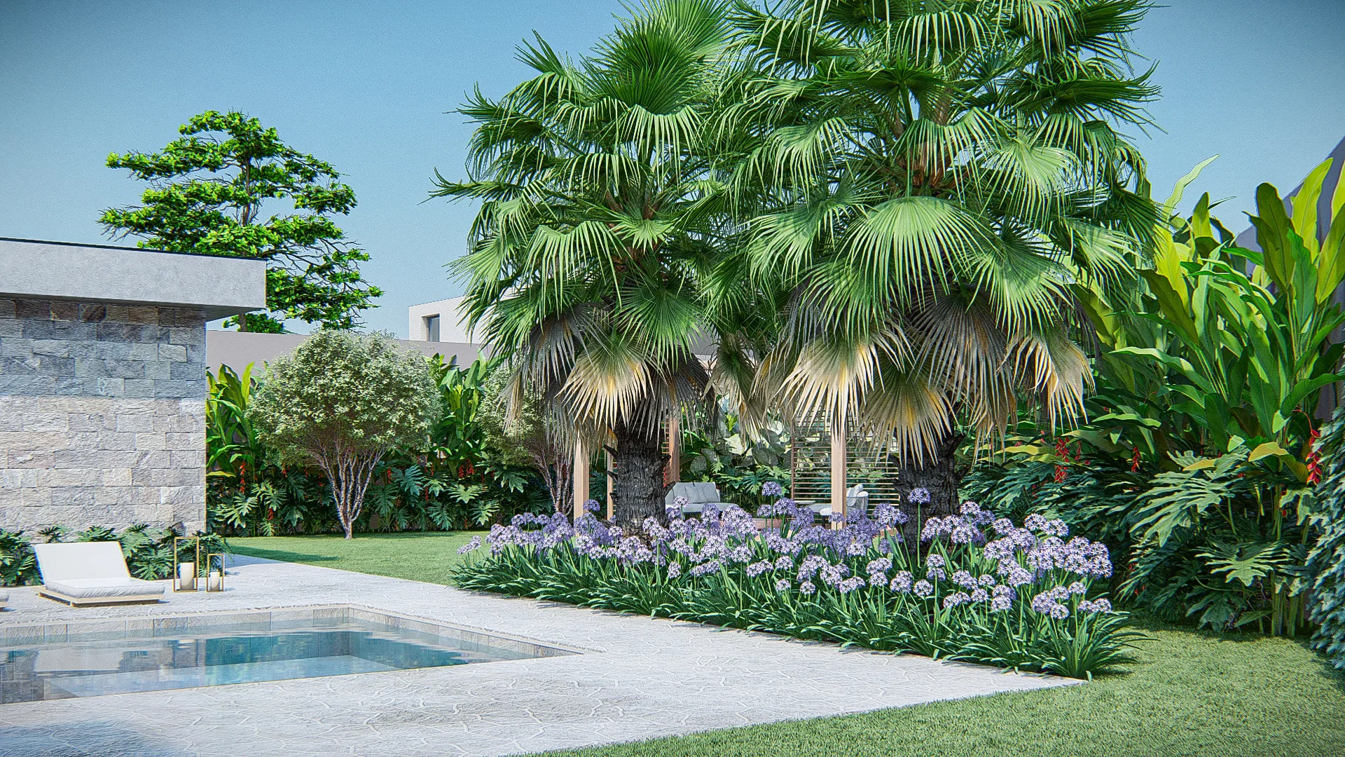 Poolside garden with fan palms, a flowering agapanthus bed and a white lounger beside a stone-clad wall.